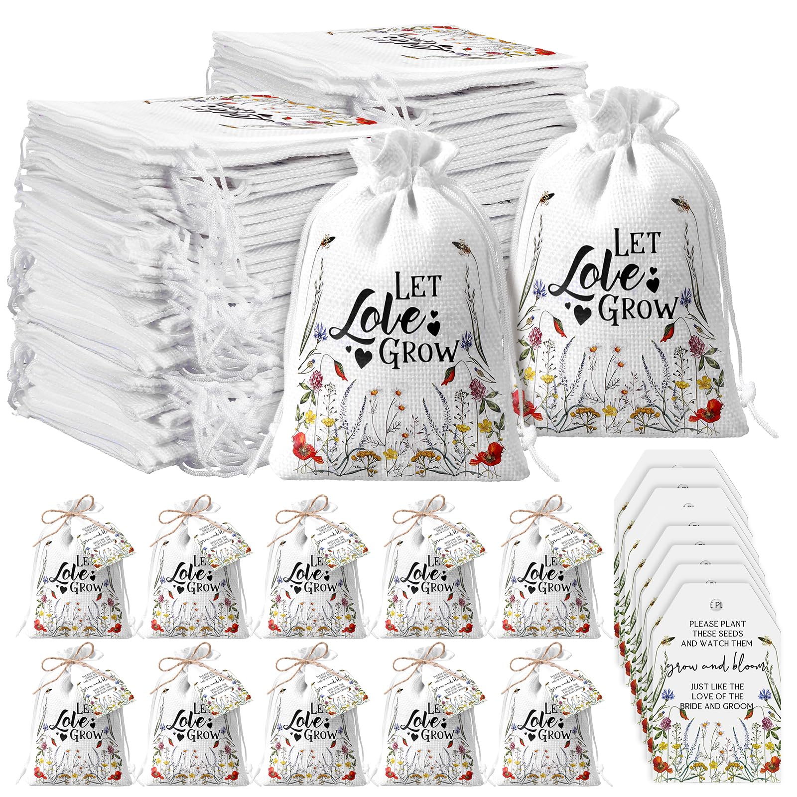 Fumete 50 Set Let Love Grow Seed Packets Wedding Favors for Guests Bulk with Thank You Cards Organizer Burlap Bag and Twine for Bridal Shower