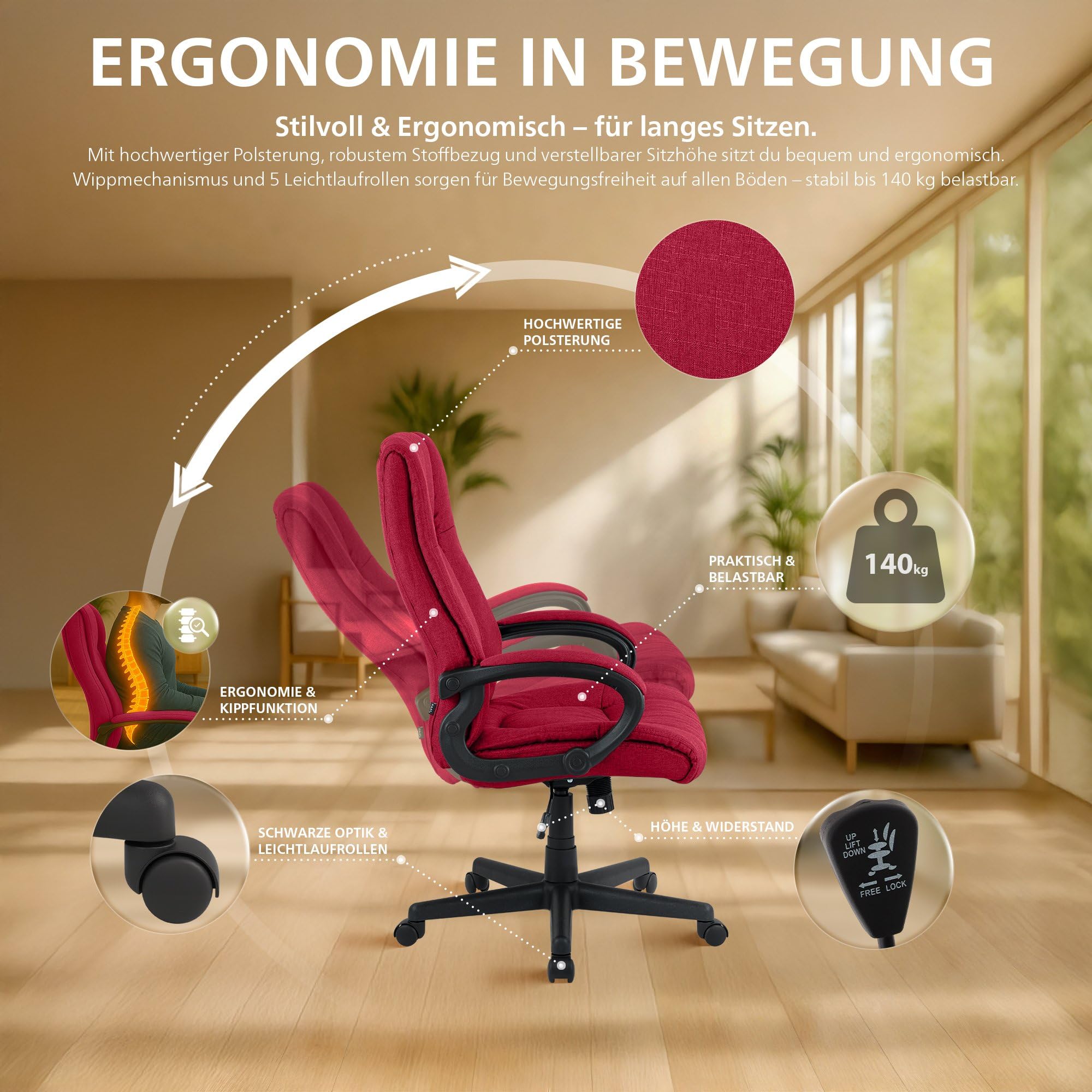 CLP Bürostuhl ergonomisch mit Rollen und Höhenverstellung, Chefsessel höhenverstellbar und Wippfunktion, rückenschonend, Drehstuhl Sparta, Farbe:rot