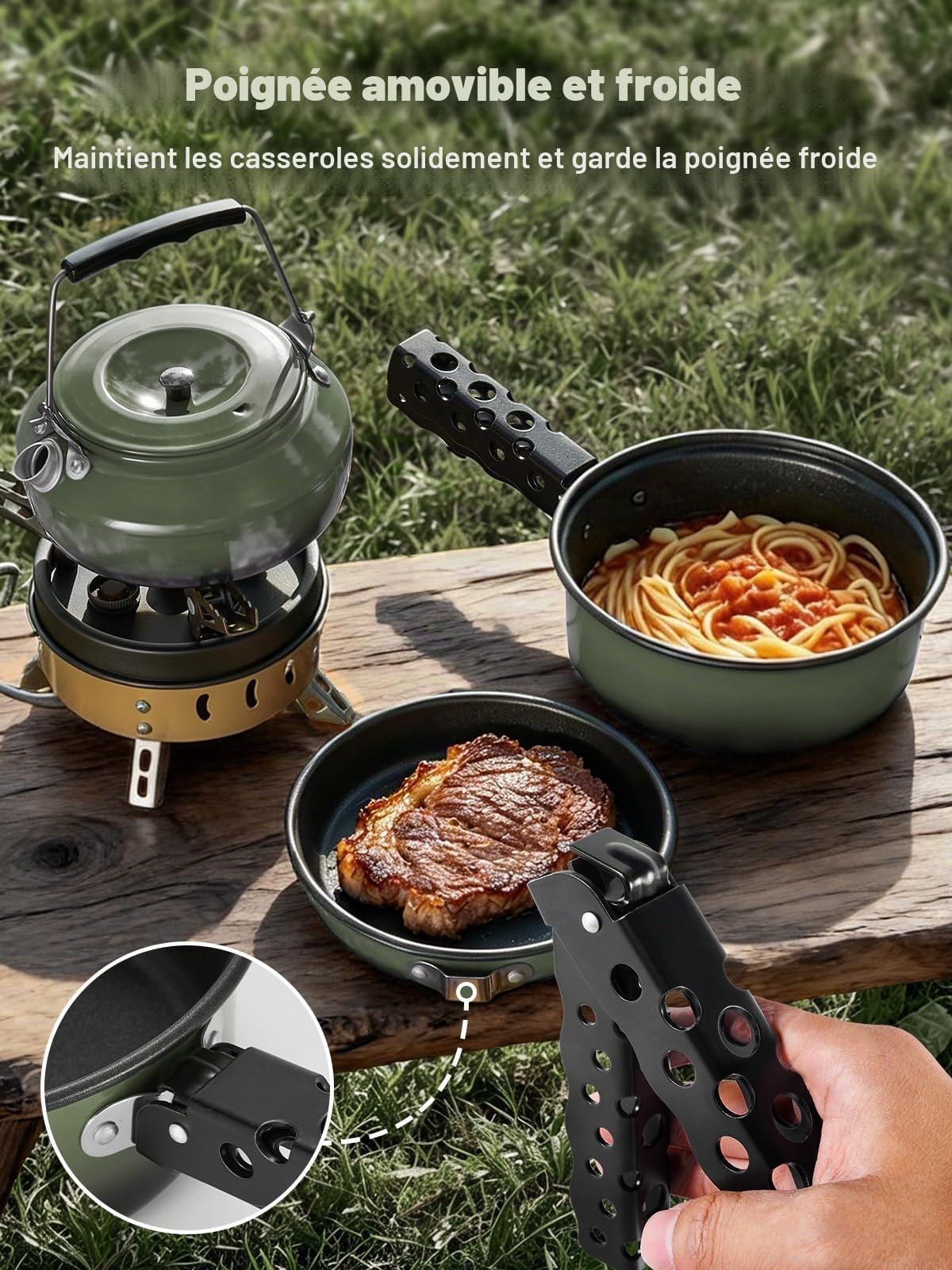 Odoland Lot de 5 ustensiles de cuisine antiadhésifs légers avec poignée amovible – Parfait pour la randonnée, le camping, la randonnée et le pique-nique