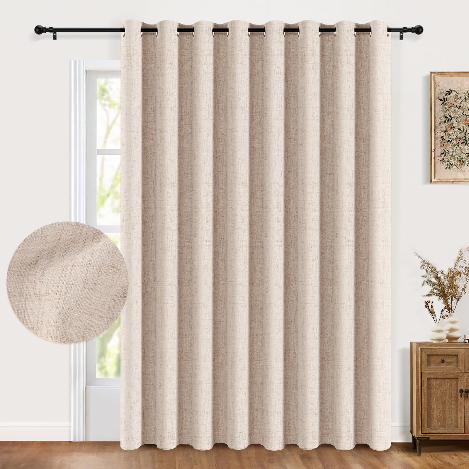PrinceDeco 100% Blackout Linen Curtains - 100x96 Inch Sliding Door Panels With Grommets, Ivory
