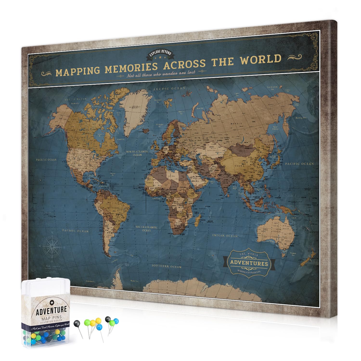 DECORARTS World Map Pin Board,Deep Blue World Travel Map with Pins,20x16''