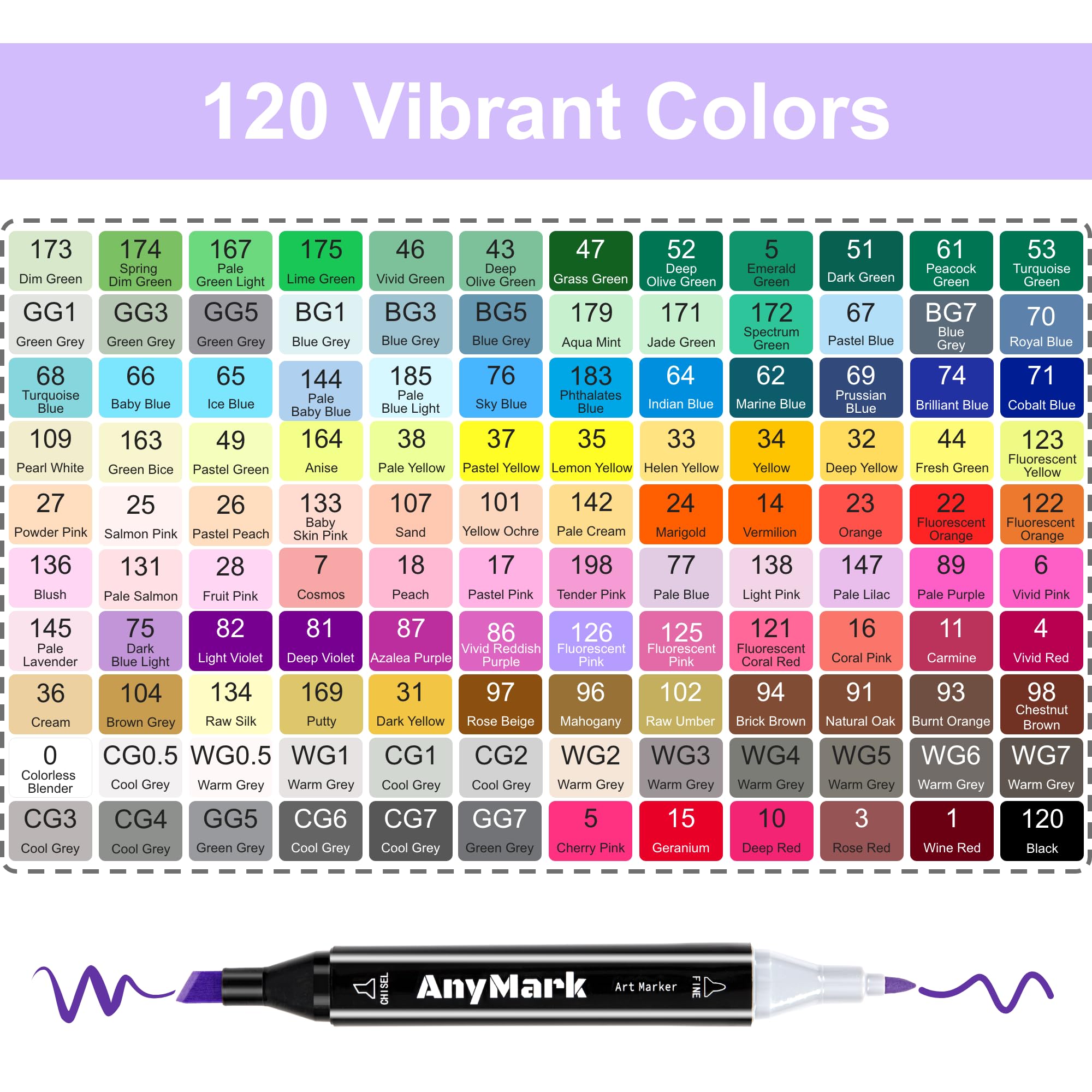 AnyMark Set di 120 Pennarelli ad Alcool, Doppia Punta Scalpello e Fine | Pennarelli Artistici a Base di Alcool per Disegno e Colorazione, Fusto Nero