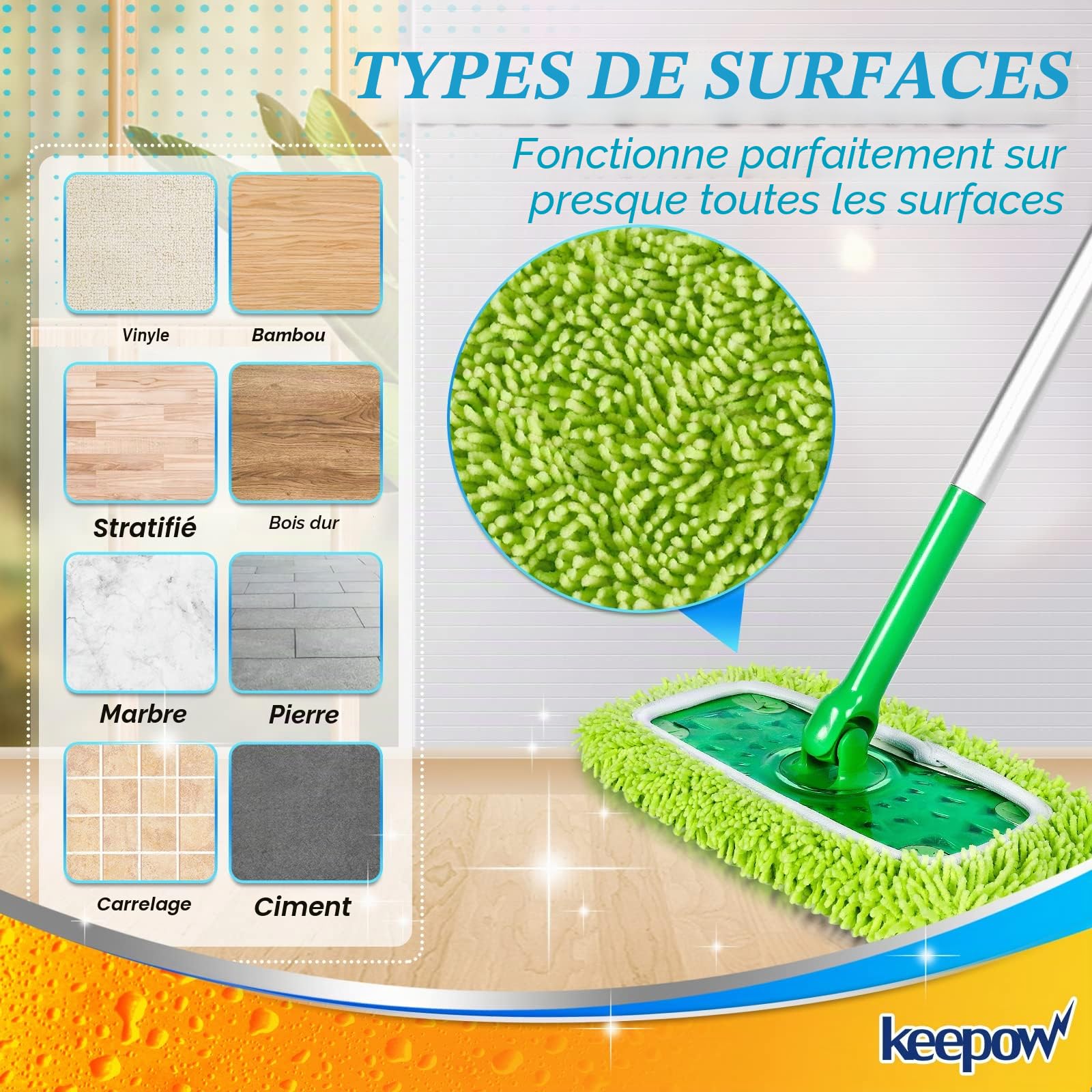 KEEPOW 4 Pcs Chiffons Réutilisables Compatibles avec Swiffer Balai, Lavables et Durables, Microfibres pour Swiffer Sweeper Mop, à Usage Sec et Humide (avec sac à linge)