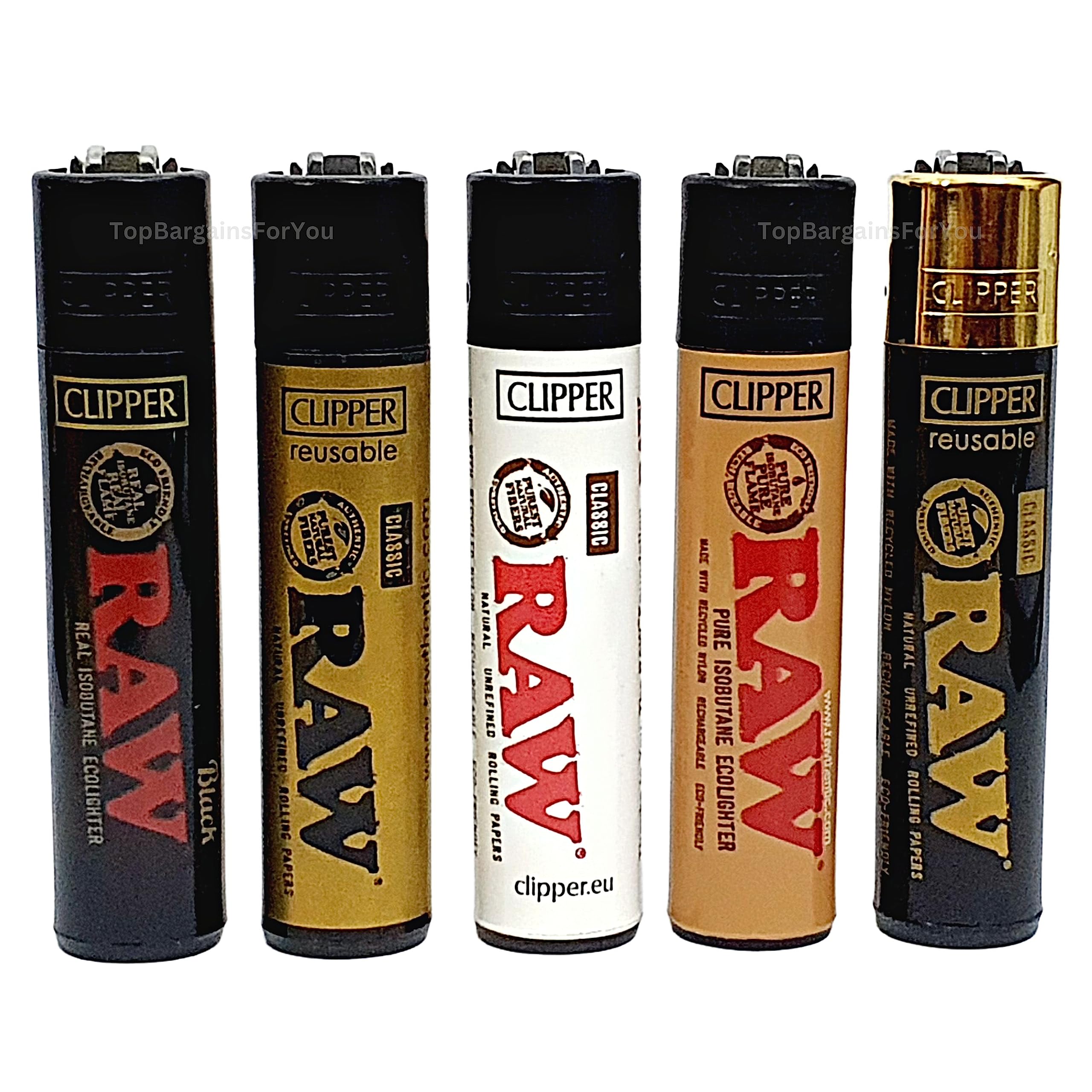 Zactly Black Red Brown Gold Golden White 5 X Rare Raw Clipper Lighter Set Collection Gas Refillable Lighters (Exclusive Limited Edition)