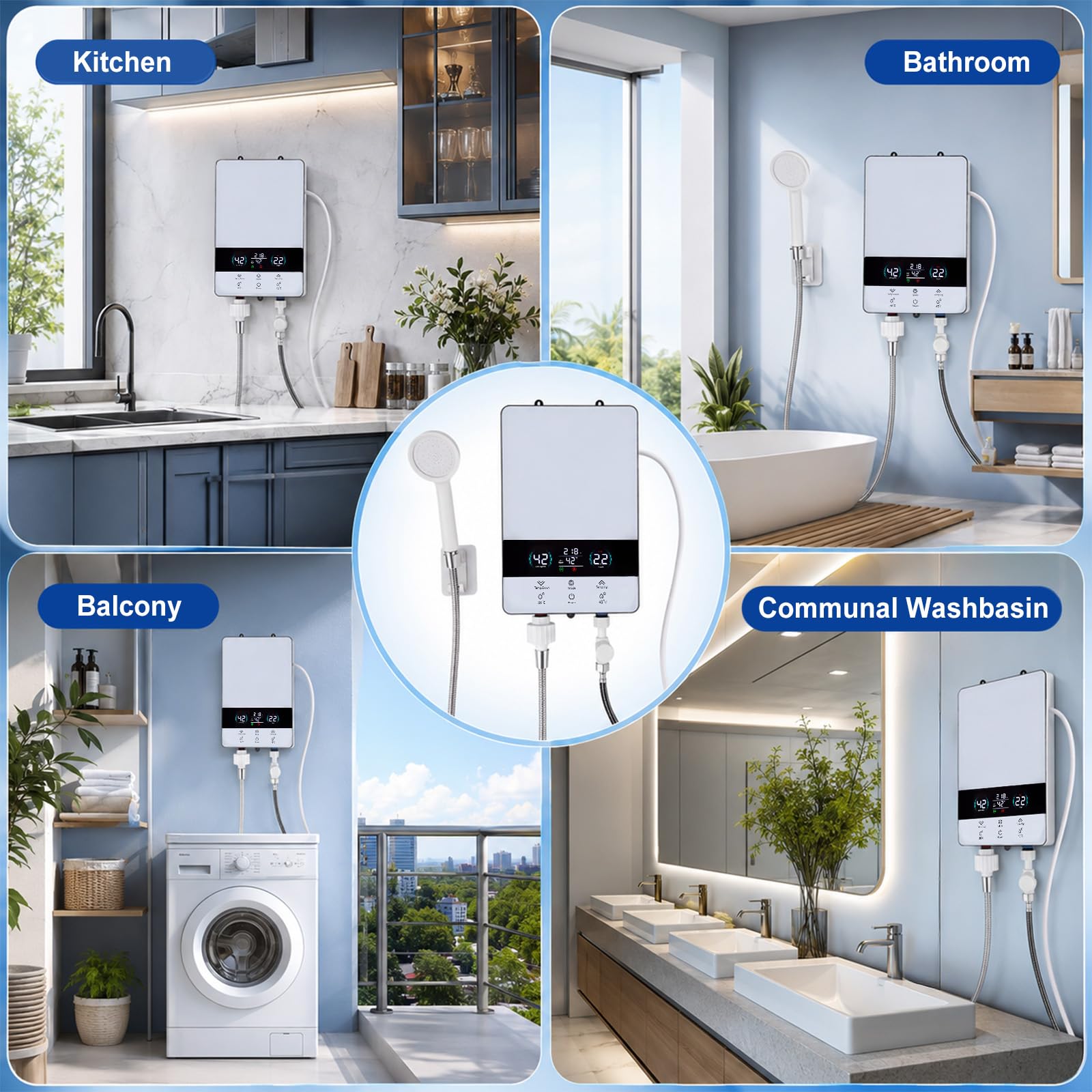 Elektrischer Durchlauferhitzer 6000W mit LED Display, Klein Untertisch Durchlauferhitzer mit Duschset 230V, Schnelles Aufheizen, Wasserdicht, Elektrischer Warmwasserbereiter für Küche und Dusche