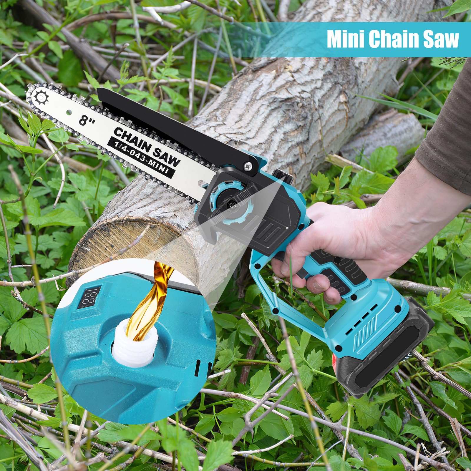 Élagueuse sans fil 2 en 1 et mini tronçonneuse de 20,3 cm avec 2 batteries de 6000 mAh et chargeur, moteur sans balais, tige télescopique de 2,8 m, pour arbres et branches hautes (batterie 2 x 6000
