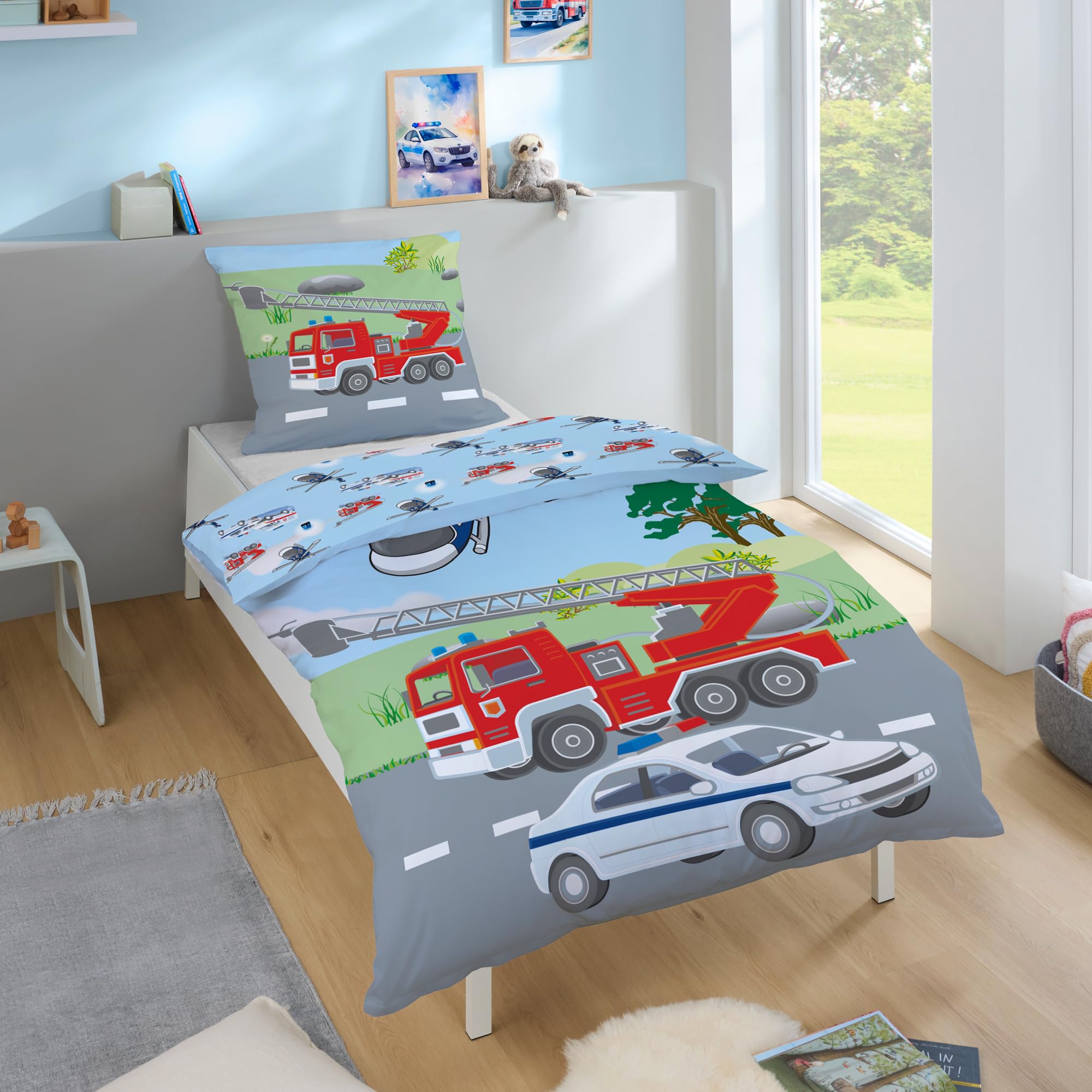 Familando – Polizei & Feuerwehr Bettwäsche-Set (2-teilig) – Decken- & Kissenbezug 135x200 cm & 80x80 cm mit Reißverschluss – 100% Baumwolle – Wendemotiv – Hautfreundlich & atmungsaktiv - Öko-TEX