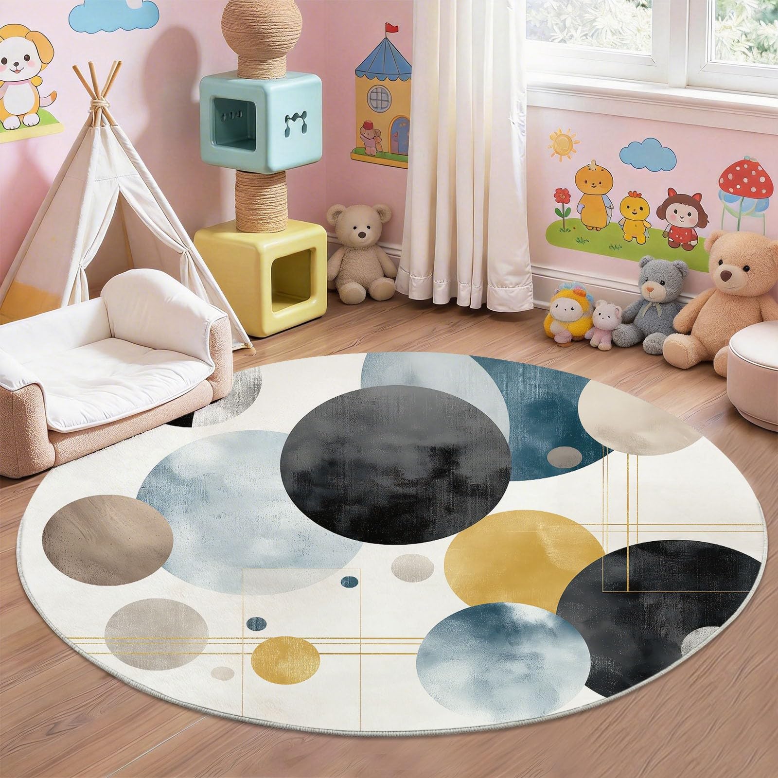 Geometrisch Kreise Waschbar Teppich Rund 120 cm, Weich & rutschfest Teppiche Wohnzimmer, Modern Minimalistisch Abstrakt Kurzflor Teppich for Schlafzimmer, Beige
