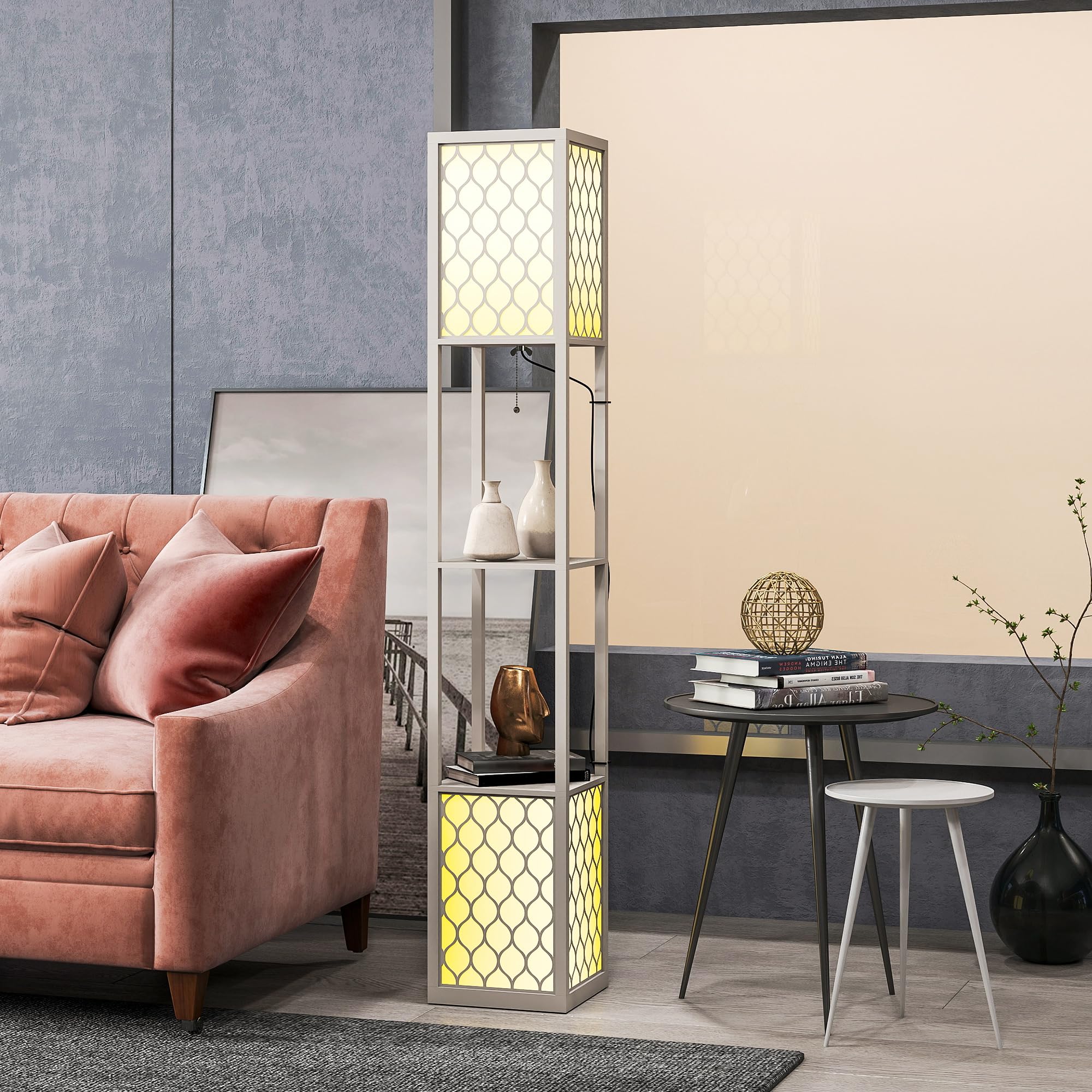 HOMCOM Lámpara de Pie con Estante, 2 Lámparas con Casquillo E27, 2 Estantes, 4 Niveles, Diseño de Nido de Abeja, Pantalla de Terileno Algodón, MDF, Gris