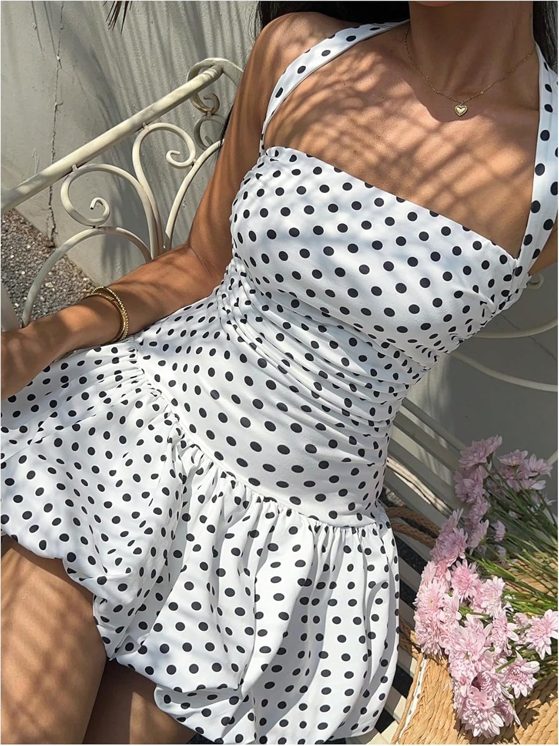 GORGLITTER Women's Polka Dots Halter Mini Dress Y2K Vintage Classy Open Back Ruched Puff Ruffle Bubble Dresses - Image 2