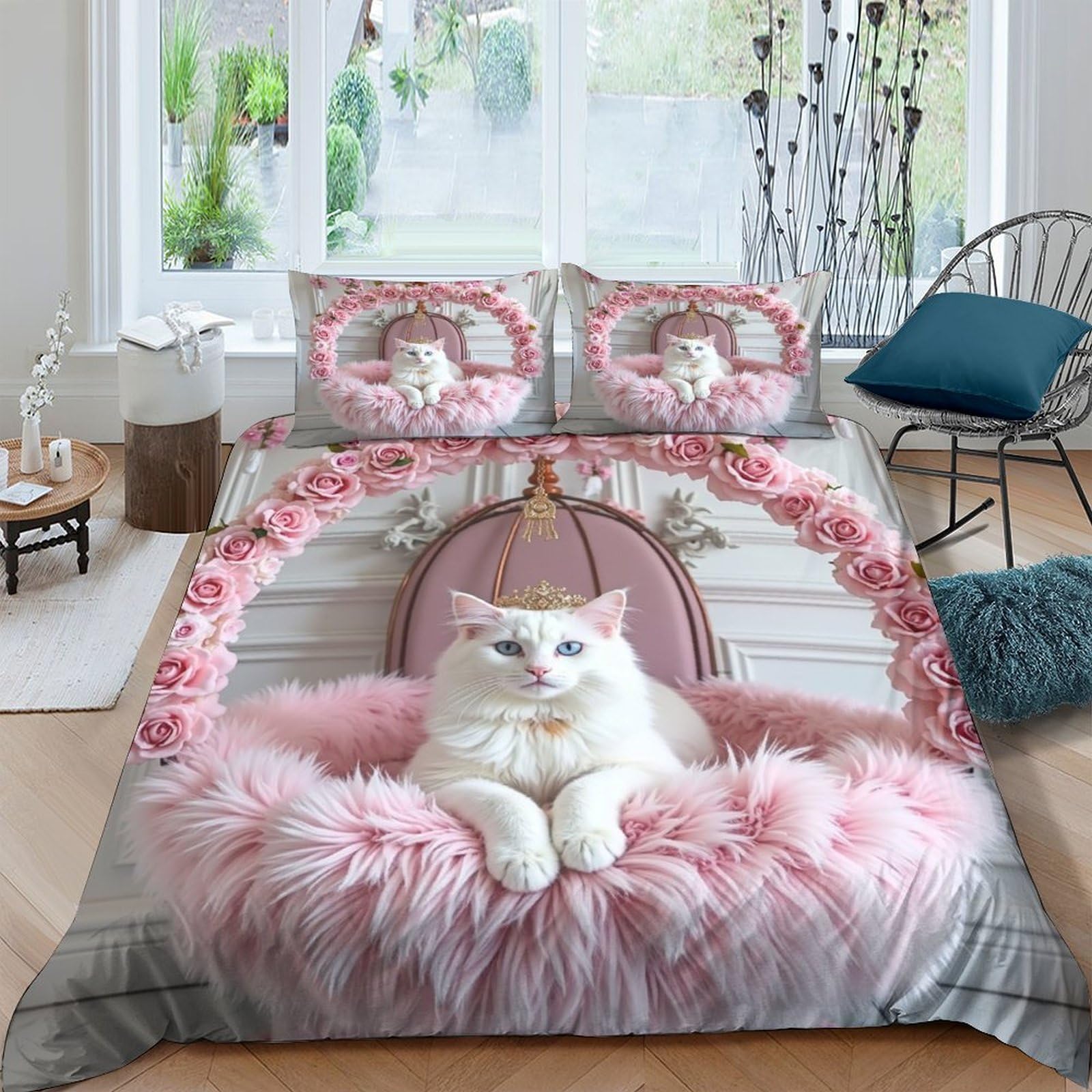 Ctjqhvkz Style-1 3D Printed White Cat Throne Fitted Sheet Microfiber Pink Fluffy Decor Mattress Cover Bedroom Dorm Protection Single（135X200cm）