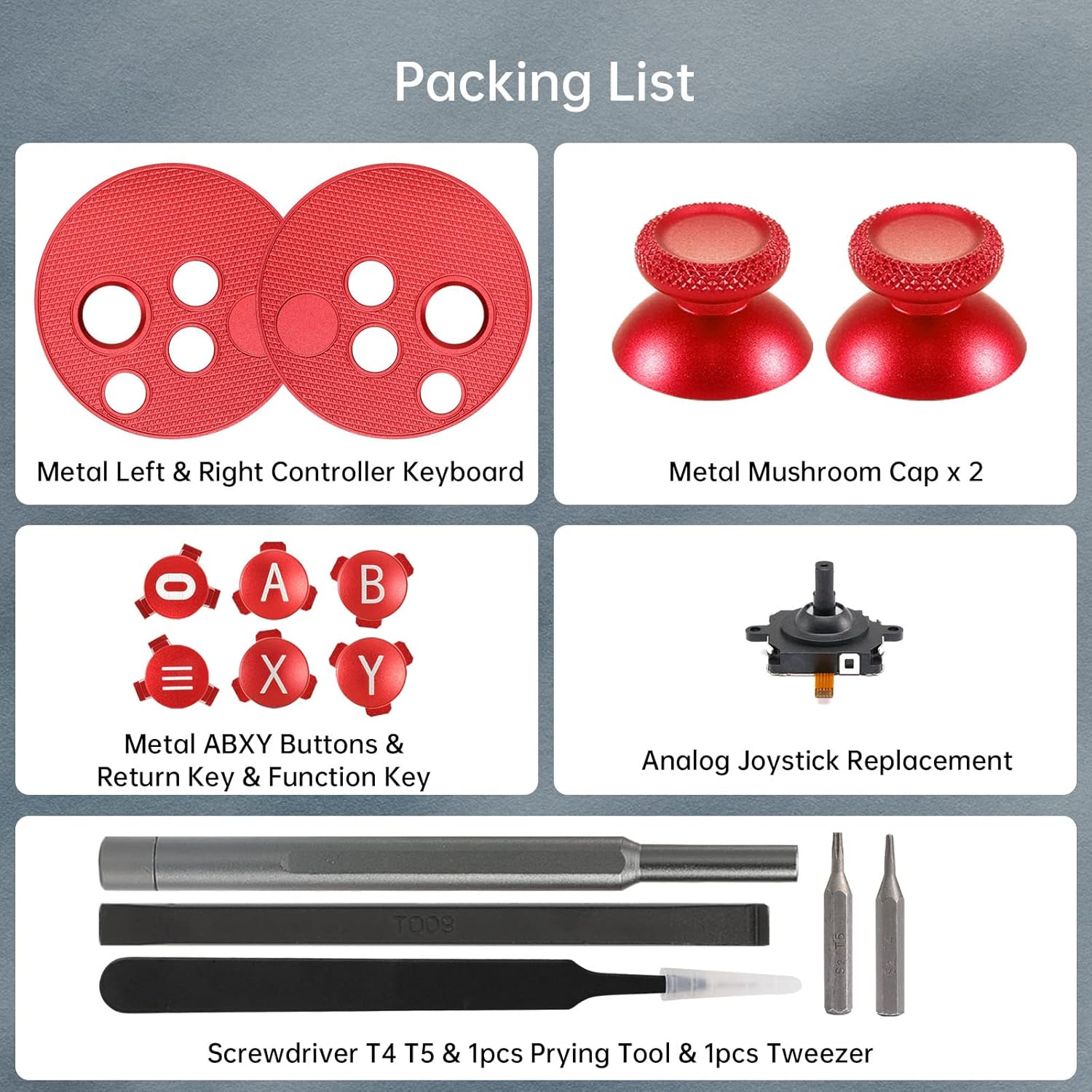 VRbrother Metal Left and Right Controller Replacement Keyboard, Mushroom Caps, ABXY Buttons Return Key Function Key, Analog Joystick Replacement (1pcs) for Meta Oculus Quest 2 Accessories (Red)