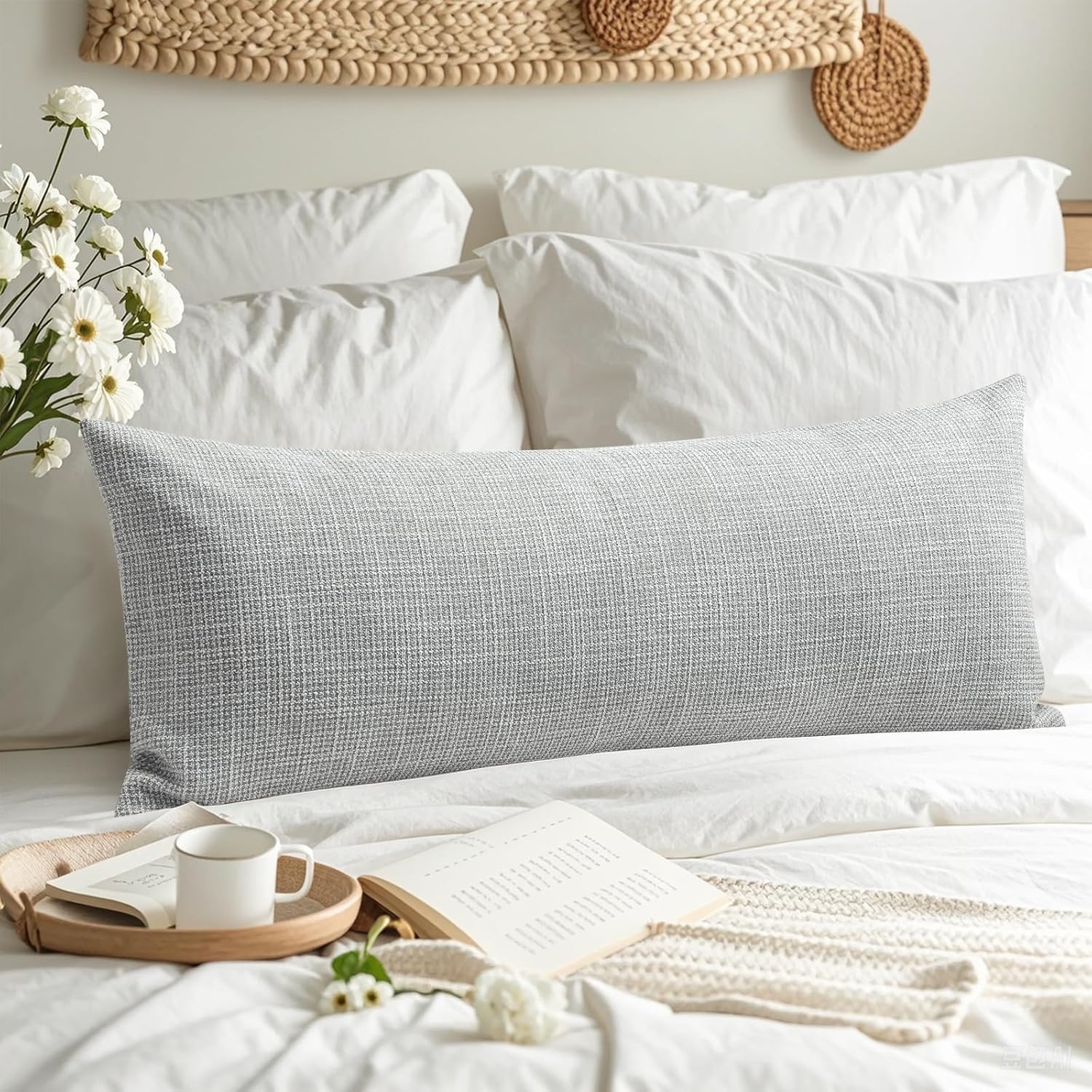 OTOSTAR Linen Throw Pillow Cover Set of 1 Decorative Long Lumbar Pillowcase Rectangle Cushion Cover 14x36 Inch for Home Decor Sofa Bedroom Car 35 x 90CM Light Grey