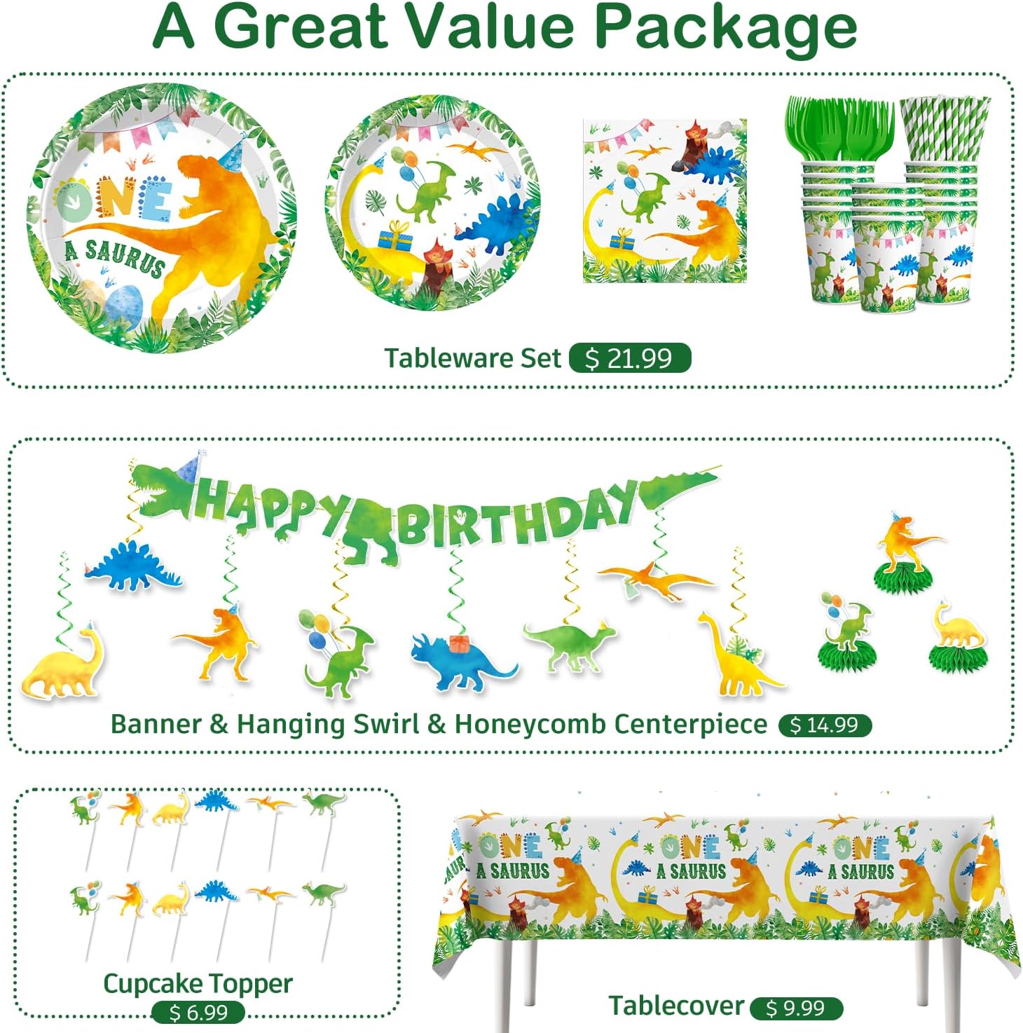193pcs One A Saurus Birthday Decorations with Tableware Set, Banner, Hanging, Tablecloth, Cake Number Candle, Balloon, Centerpieces, for Dinosaur Birthday Decorations 1 Year Old Boy, Serves 25 - Image 3
