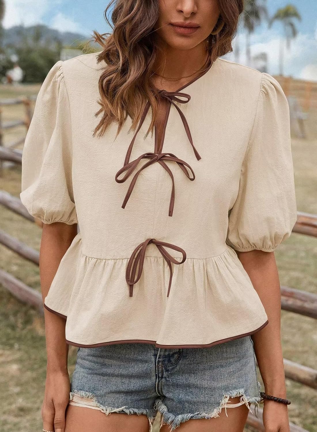 Womens Summer Tops Bowknot Puff Short Sleeve Blouses Dressy Casual Cute Babydoll Flowy Peplum Shirt for Women - Image 5