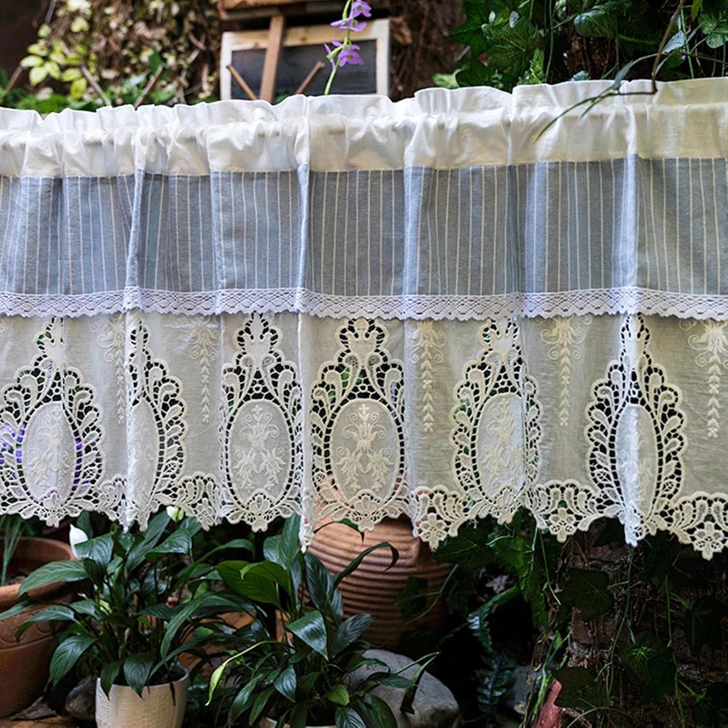 Double Tier Curtains Embroidery flowers Striped Decor Valance, Cotton linen Short Kitchen Curtain, Half/Small Window Blackout Panel, for Cafe, Bistro, Bedroom, Bathroom ( Size : W130xH70cm/51x27.5in )