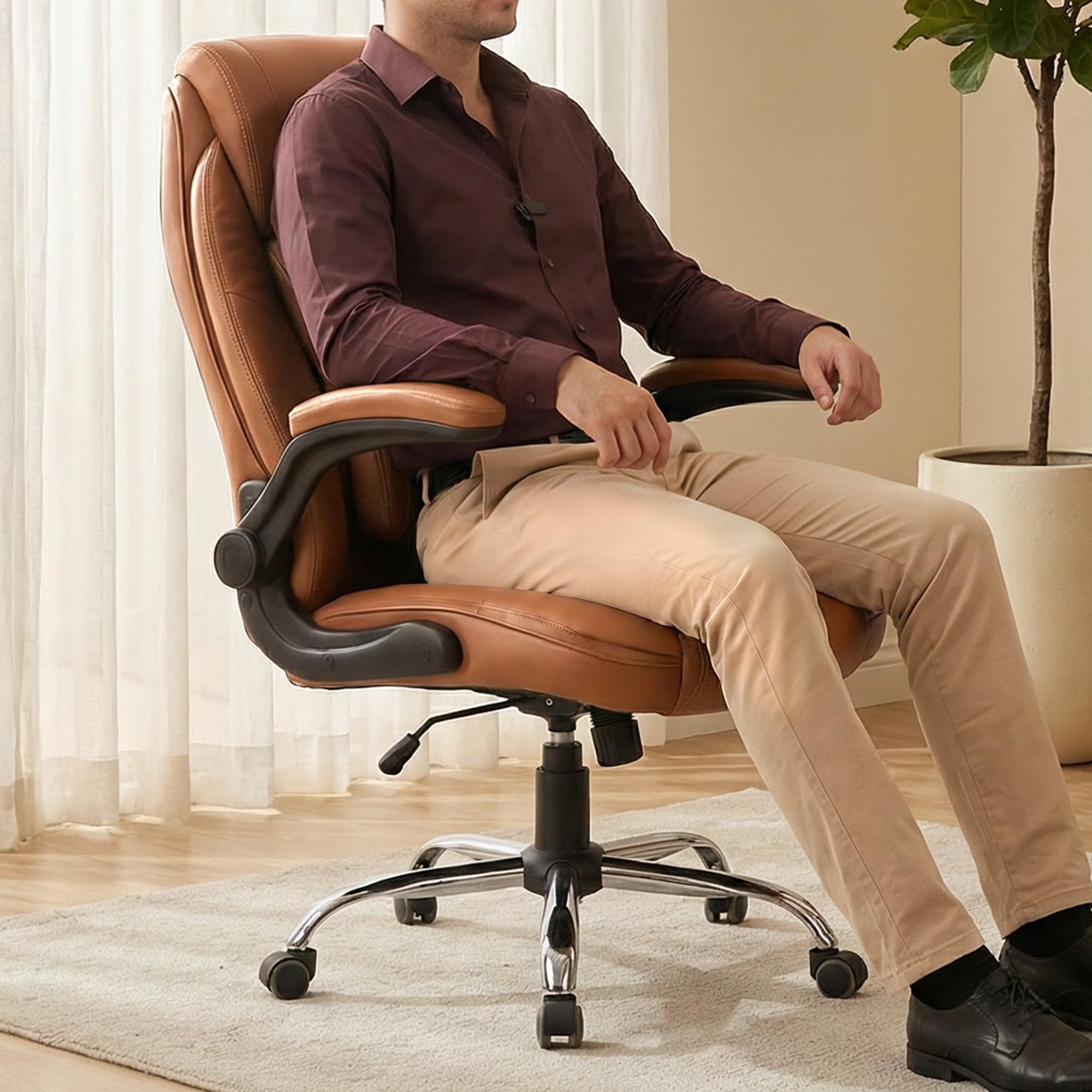 Frido 3D Posture Plus Ergonomic Chair | Adjustable Lumbar Support & 135° Recline | for Lumbar Pain & Posture Correction | Leather Chairs for Office Work, Home, Gaming | 150 kg Capacity (Tan)