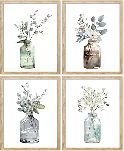 SIGNWIN Arte de pared enmarcado de florero de vidrio con hojas de bosque pastel, juego de 4 impresiones de decoración de pared de naturaleza