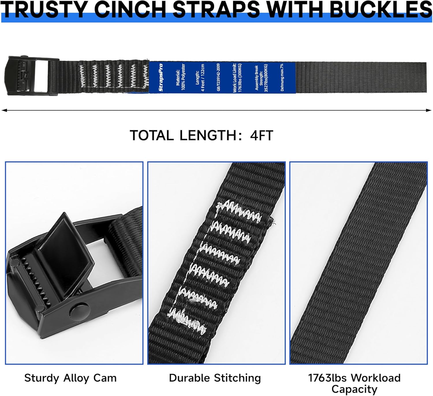 Lashing Straps, 4ft x 1 Inch Wide Cinch Strap with Buckles Adjustable Cam Straps, 1763lbs Heavy Duty Quick Pull Release Utility Nylon Black Cargo Tie Down Straps for Kayak Trucks Trailer Box, 12 Pack - Image 4
