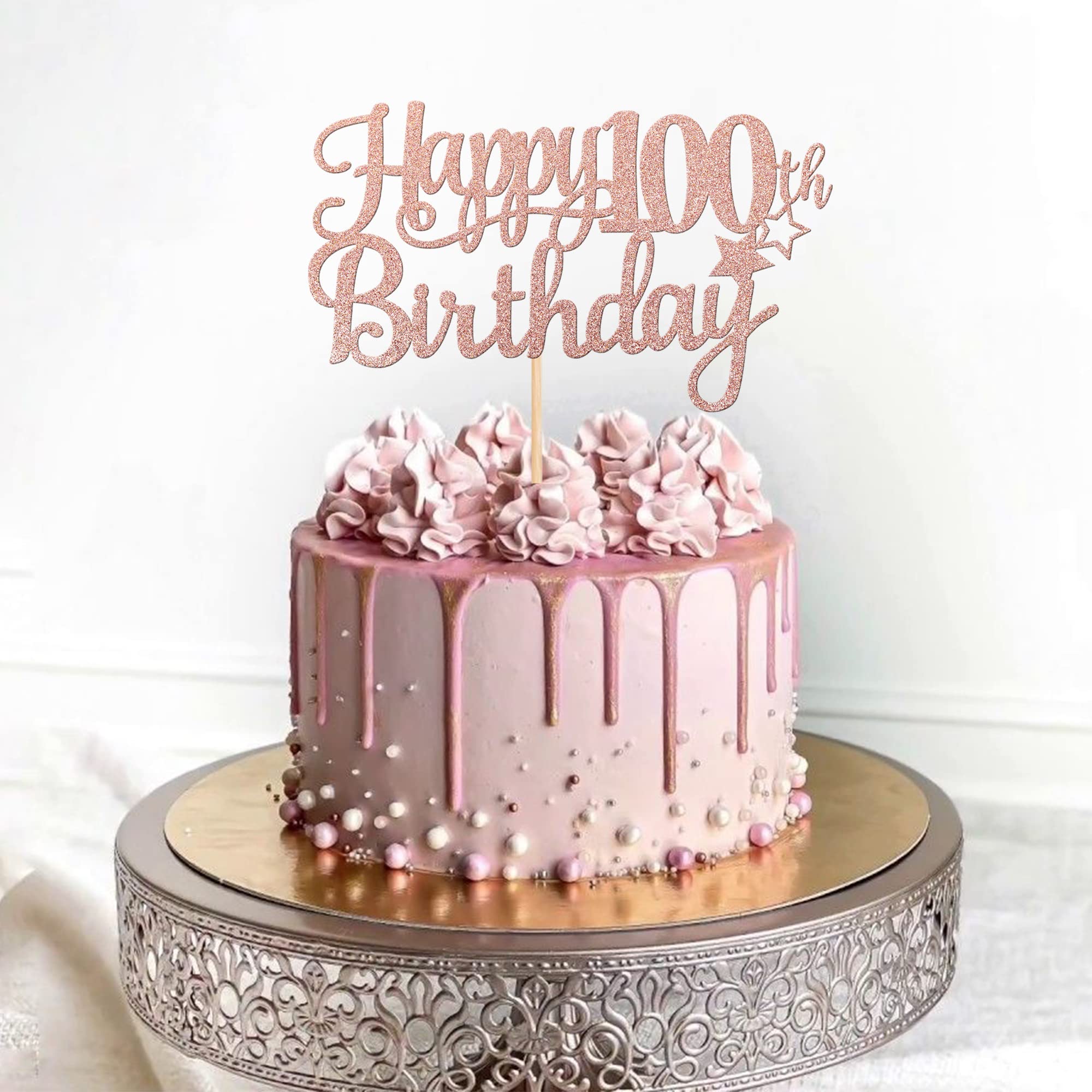 Topper Para Tarta Cumpleaños 100 Años - Purpurina Dorada, 16.5 X 20.3 Cm, Letras Cursivas, Decoración Fiesta