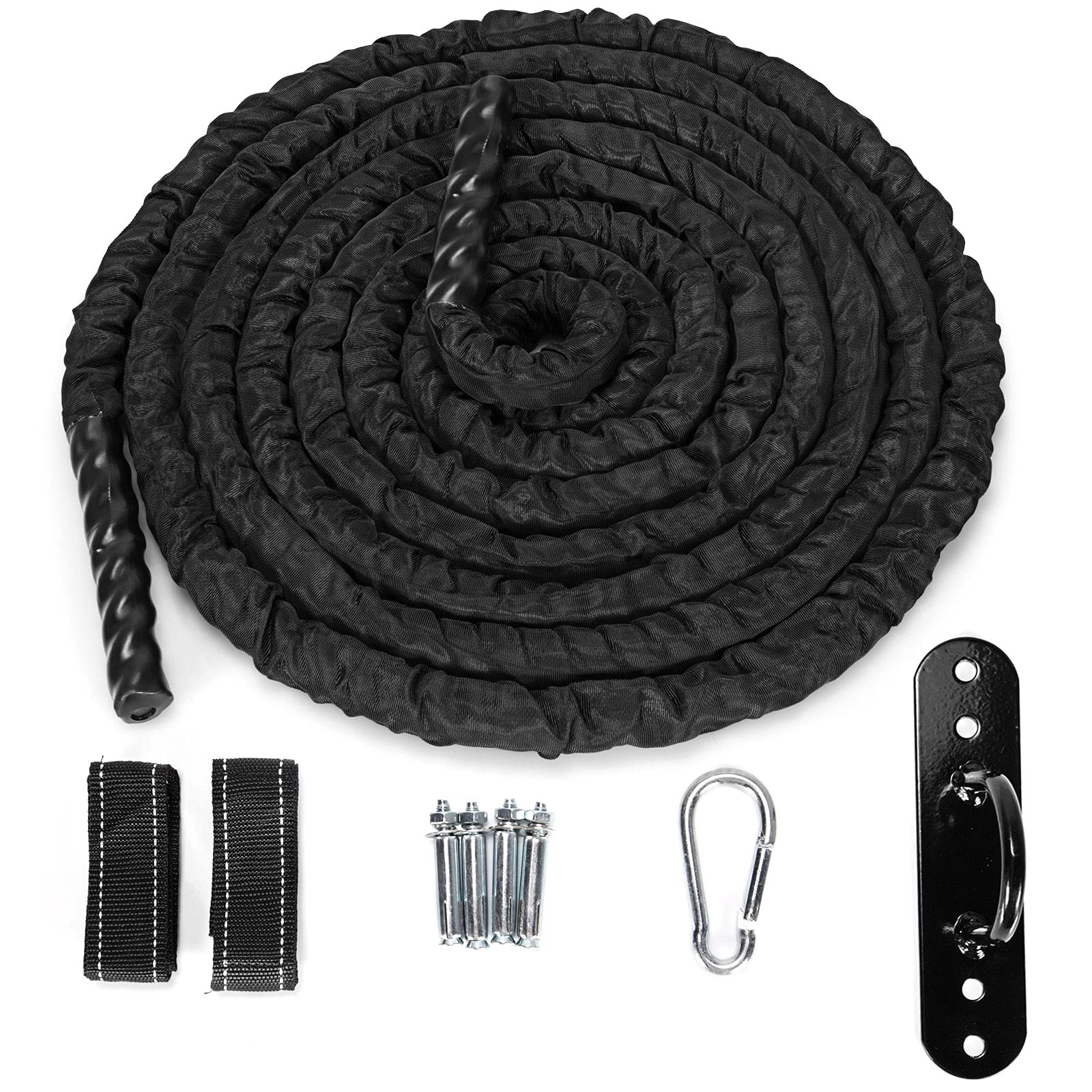 COSTWAY Battle Rope, Corde d'entrainement Ondulatoire en Polyester avec Kit de Sangles de Fixation et Manchon de Protection, pour Musculation et Sport à Domicile