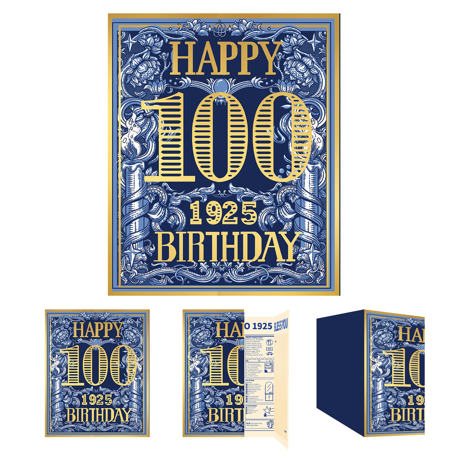 Gcardist 2025 100th Birthday Greeting Card, 100 Years Old Birthday Gift Card,Memory Back In 1925,Vintage Blue Gold（Envelope）