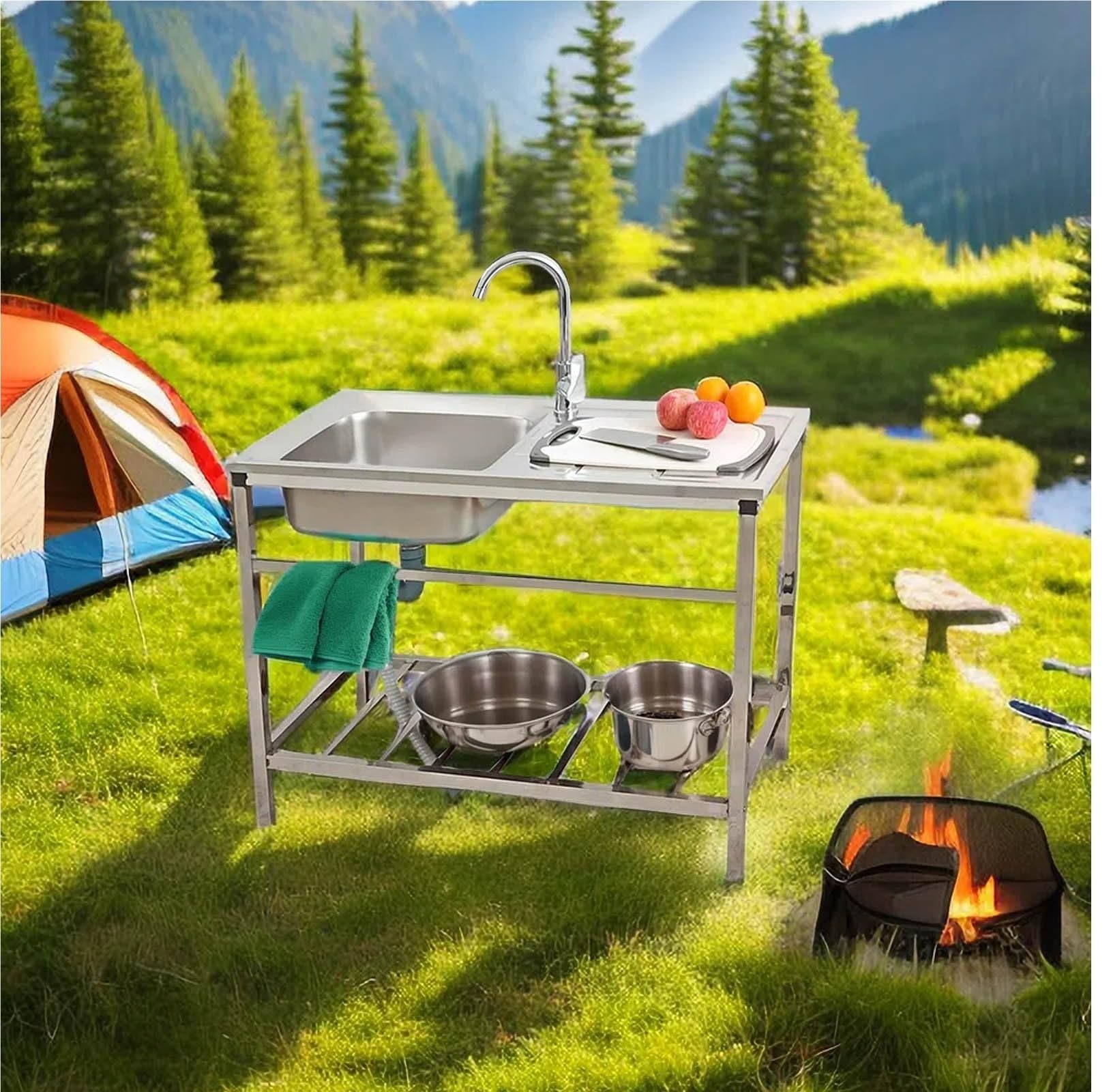 Edelstahl Spülbecken Outdoor Mobile Spüle Freistehende Spülbecken Küche Waschbecken Mit Wasserhahn & Schwammbürste Gewerbliche Spüle 75 × 40 × 75 Cm Für Garage Waschküche Campingküche