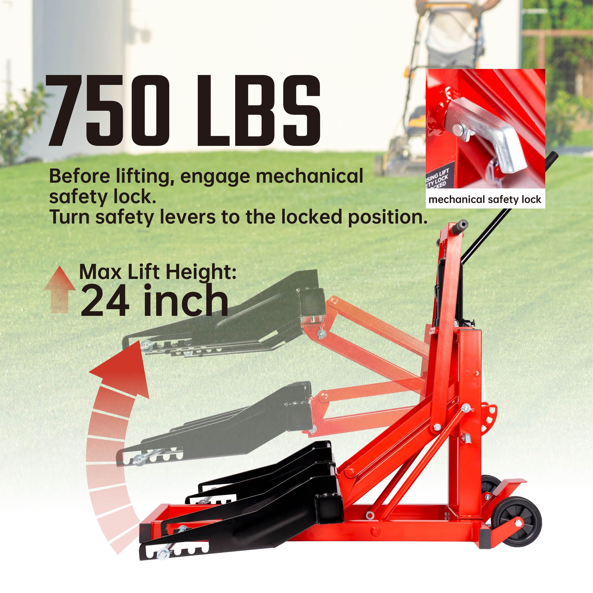Nośność 340 kg, regulowany hydrauliczny podnośnik do jazdy konnej, wytrzymała konstrukcja z blokadą bezpieczeństwa do traktorów, quadów i kosiarek bez skrętu
