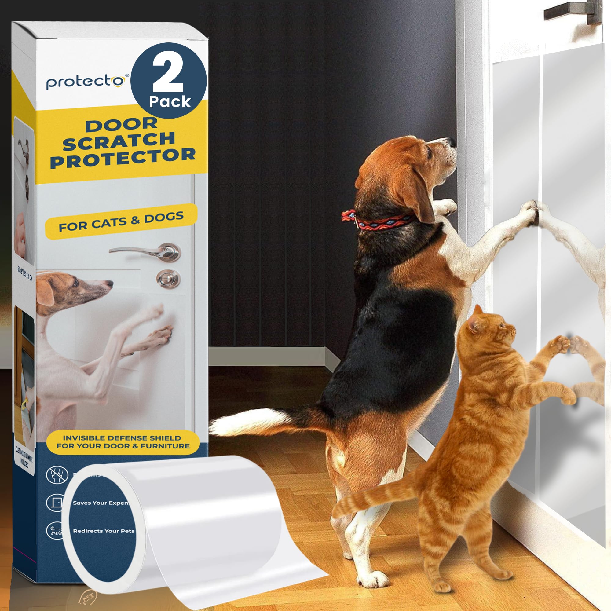 PROTECTO Cat & Dog Scratch Door Protector w/Utility Knife - 2Pack 60x8 Clear Wall Protector for Pet Scratching - Sticky and Self-Adhesive Deterrent Vinyl Surface - Easy Customization & Installation
