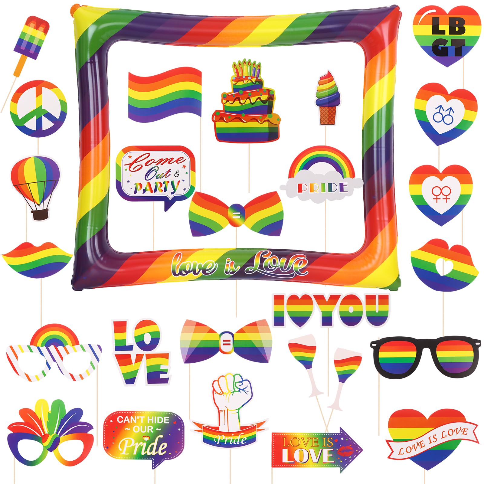 26Pcs Gay Pride Rainbow Party Photo Booth Props 1Pcs Inflatable Rainbow Frame 5 * 65cm Photo Booth Selfie Frame for Gay Pride Rainbow Theme Photo Props Accessories Gay Pride Event Decorations