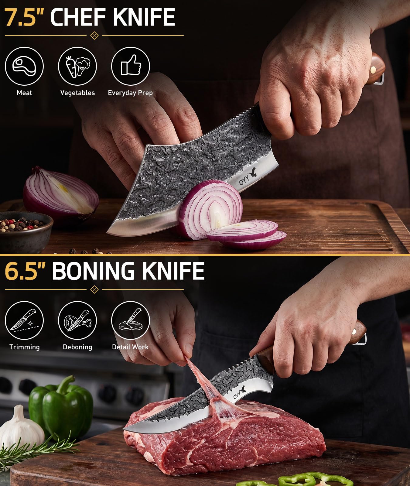 3PCS Hand Forged Butcher Knife Set, Meat Cleaver Chef Knife & Boning Knife