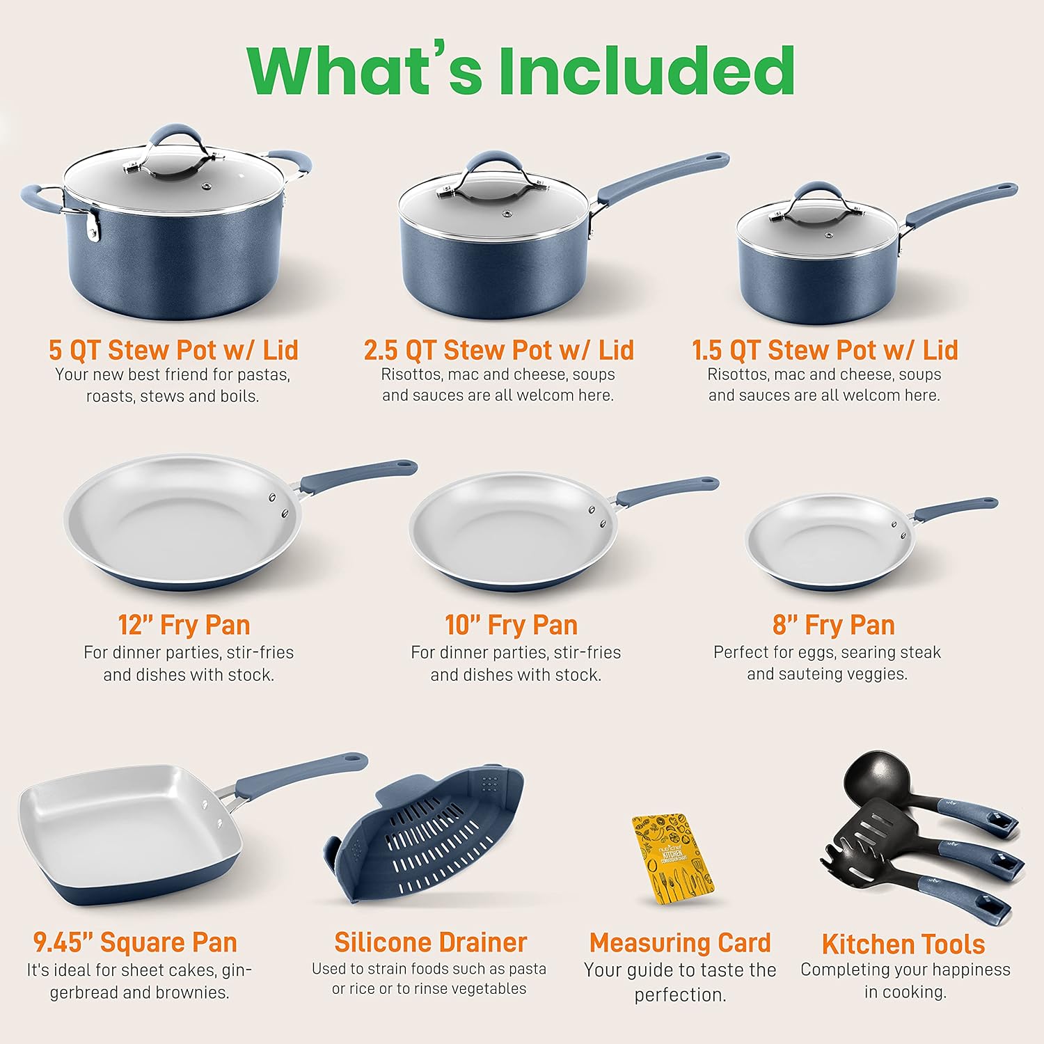 NutriChef 14-Piece Nonstick Cookware Free Heat Resistant Lacquer Kitchen Ware Set w/Saucepan, Frying Pans, Cooking, Dutch Oven Pot, Lids, Utensils, Brown NCCW14SBLU, Blue: Home & Kitchen