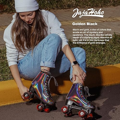 Miniatura 2 de JajaHoho Patines de ruedas para mujer, de cuero PU holográfico negro de alta calidad, patines de doble fila brillantes con cuatro ruedas para niñas