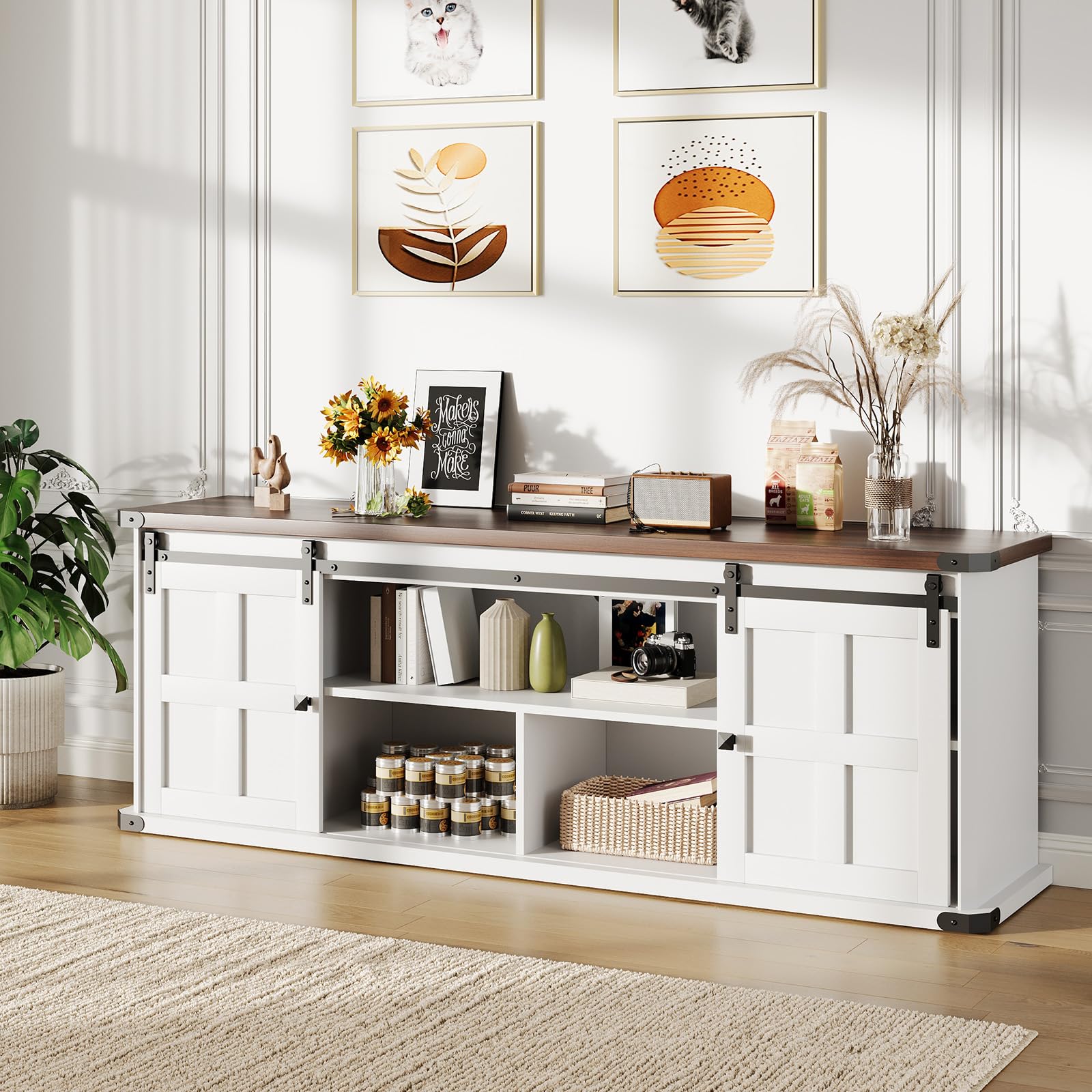 GarveeHome 70" Farmhouse TV Stand for 75 Inch TVs, Modern Entertainment Center with Sliding Barn Doors, Modern Media TV Console Table, Wood Long TV