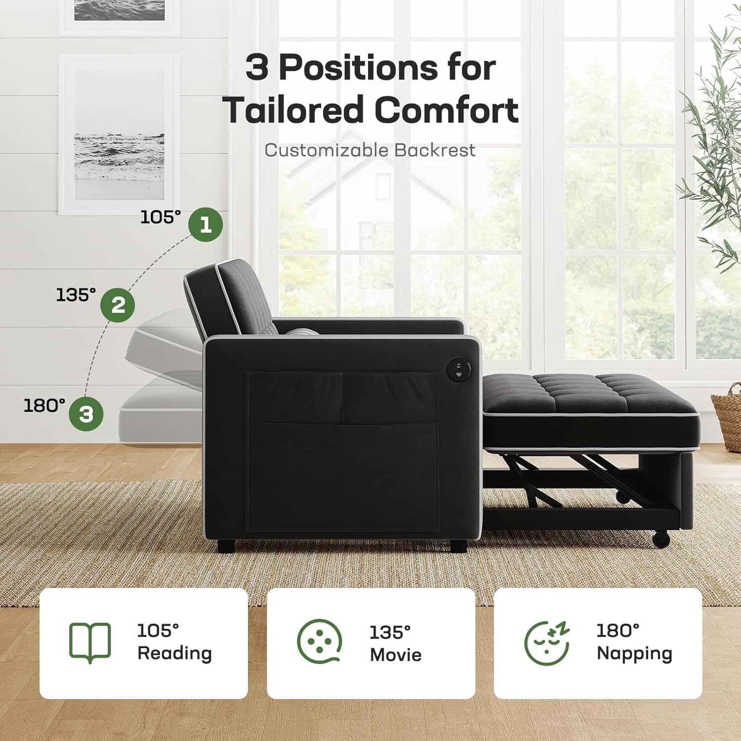 Diagram showing the three adjustable backrest positions of the Marsail Sofa Bed