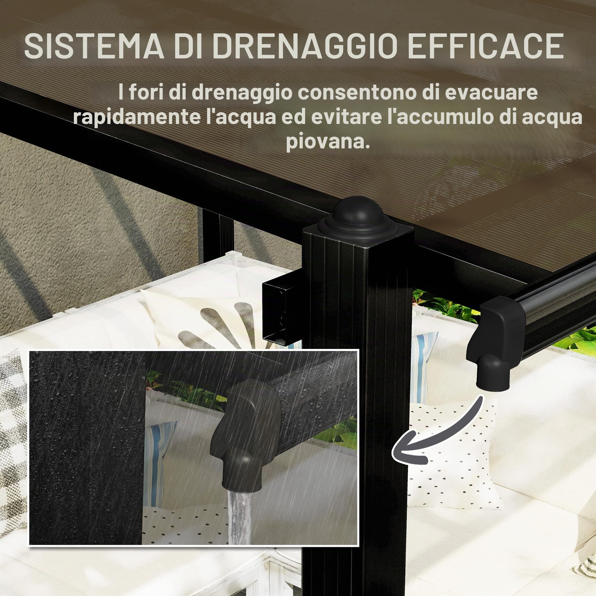 Outsunny Pergola da Giardino in Alluminio 3 x 3 m con Tetto in Policarbonato Impermeabile, Sistema di Drenaggio, Protezione UPF30+ per Patio Terrazzo Cortile, Grigio