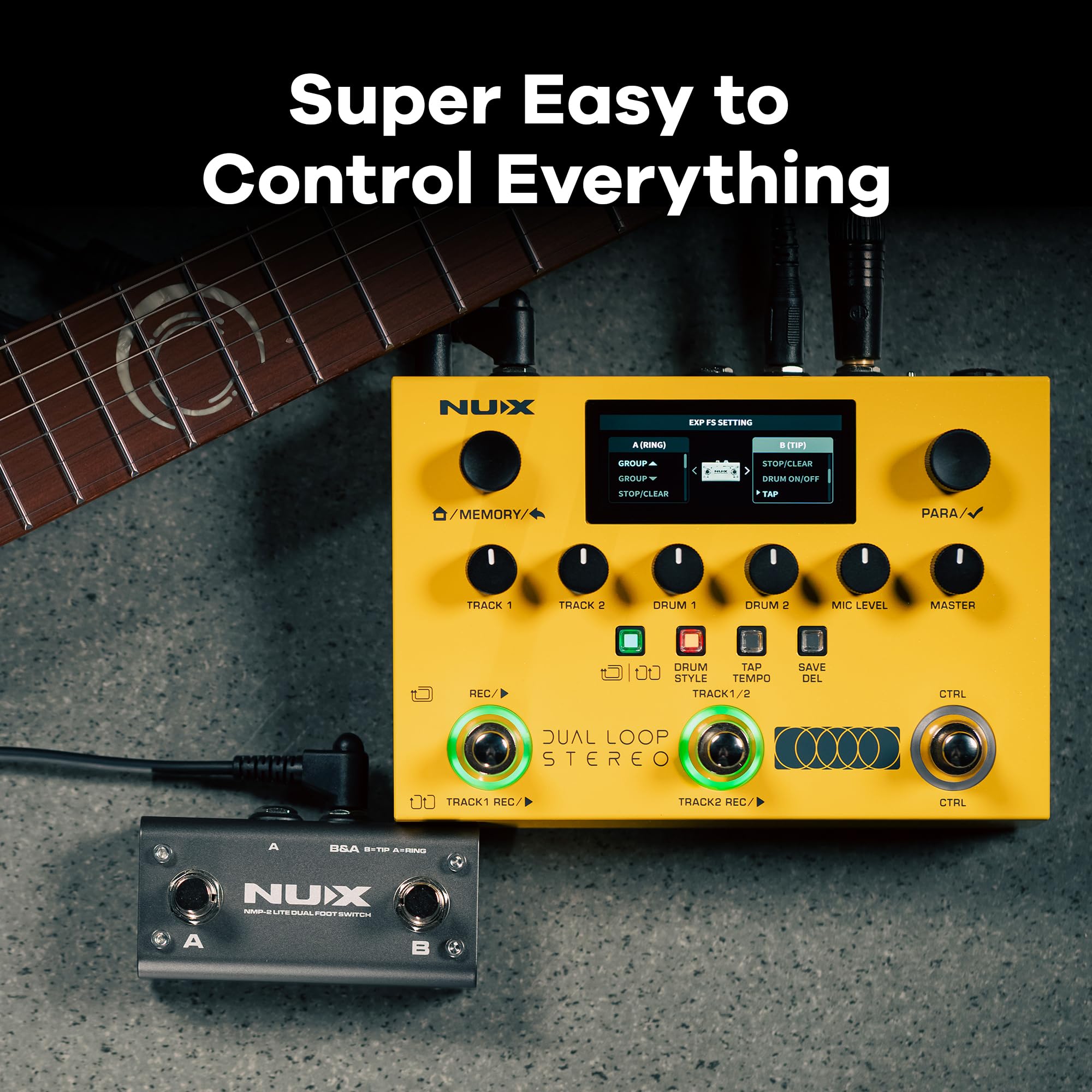 NUX Dual Loop Stereo Looper Pedal, Dual-Track Looper, Gitarrenpedal für E-Gitarre, 4 Effekte, 42 Rhythmus-Presets mit 672 Rhythmus-Variationen, 26 Stunden Aufnahmezeit, 99 Phrasenspeicher