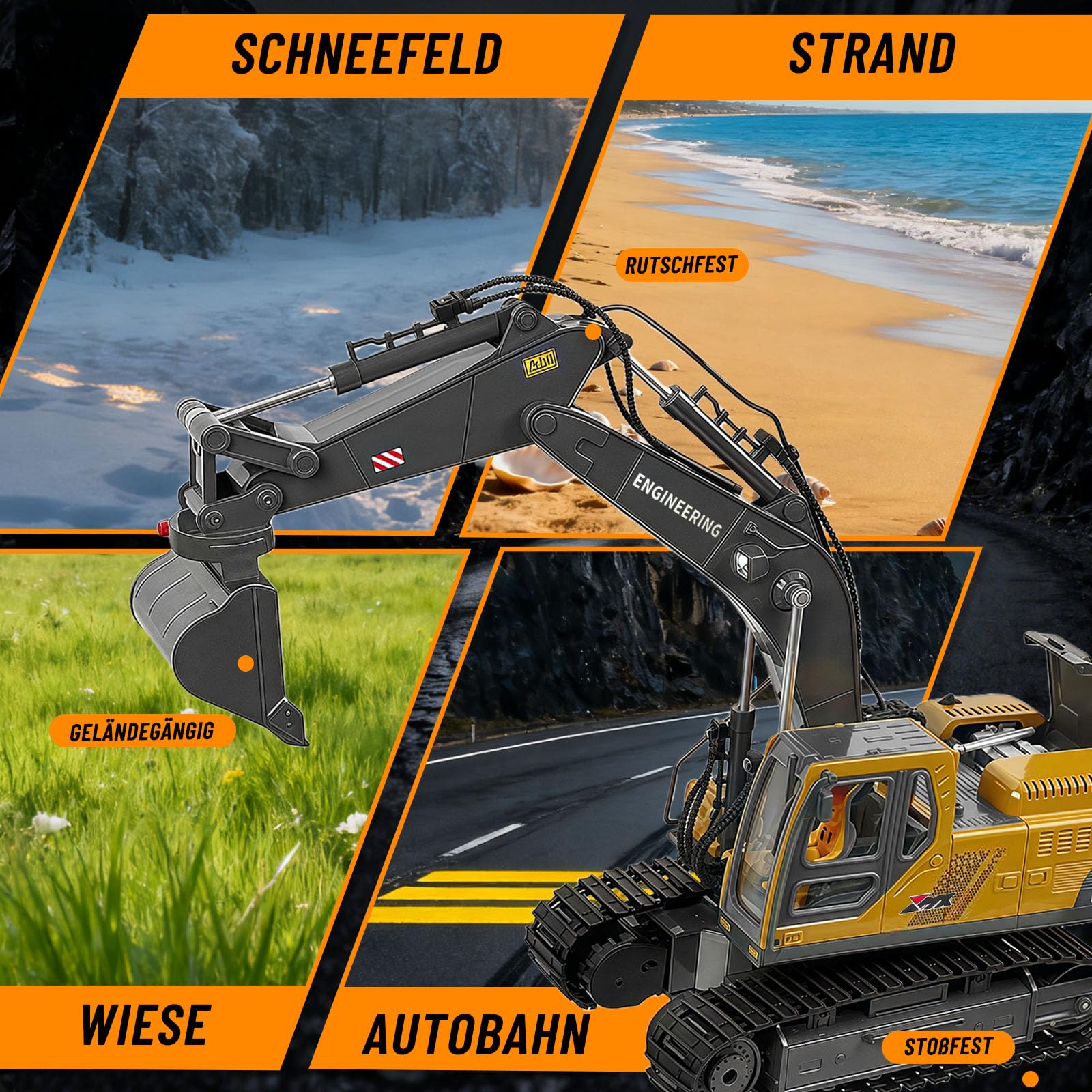 kolegend 3-in-1 Ferngesteuerter Bagger, 14-Kanal RC Bagger Spielzeug mit DREI Metallköpfen, 680° Drehbarer Radlader mit Lichtern & Musik, Geschenk Ab 6-12 Jahre