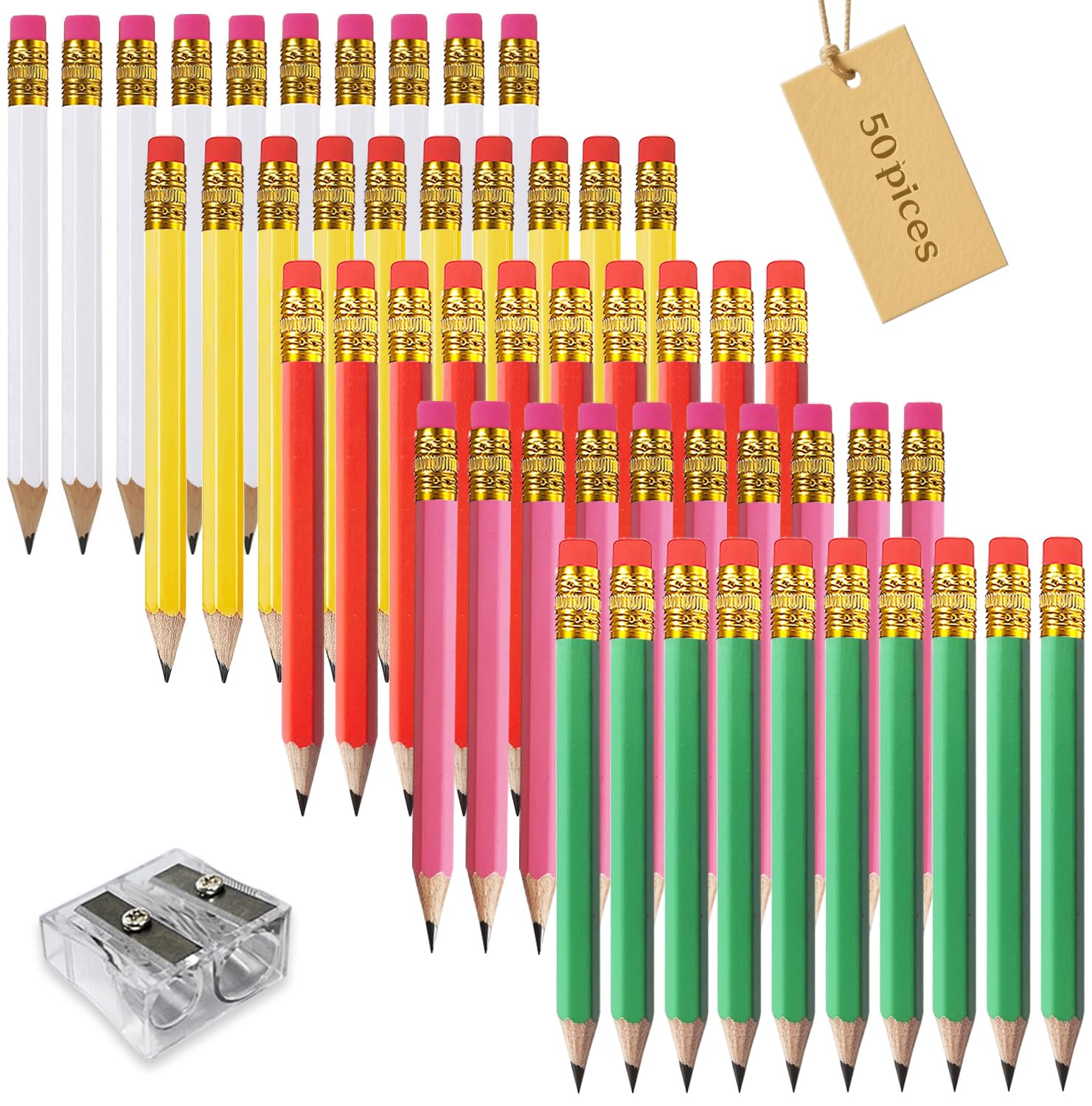 Adhere 25pcs Golf Pencils with eraser Hexagon Wooden Pencils Graphite 2B for Golf Event Scoring,Classroom,Wedding,Company Meetings,Pew, Pocket (Z- White・Pink・Red・Yellow・Light green・50pcs) — image 1