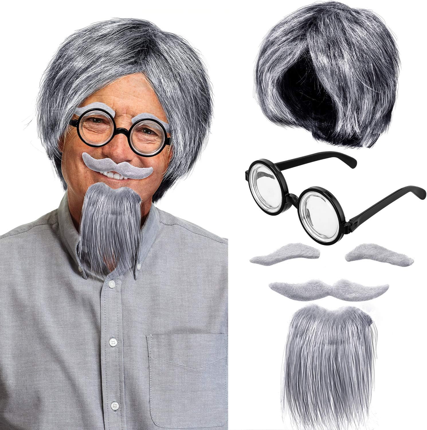 WILLBOND Old Man Cosplay Costume Grandpa Wig Set with Glasses, Grey Wig Eyebrows and Mustache for Halloween Cosplay Party