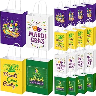 Engrowtic 48 Pieces Mardi Gras Gift Bags with Handle Mardi Gras Treat Bags Mardi Gras Party Favors Bags Goodie Candy Treat Bags for Mardi Gras Carnival Party Decorations Supplies, 4 Styles