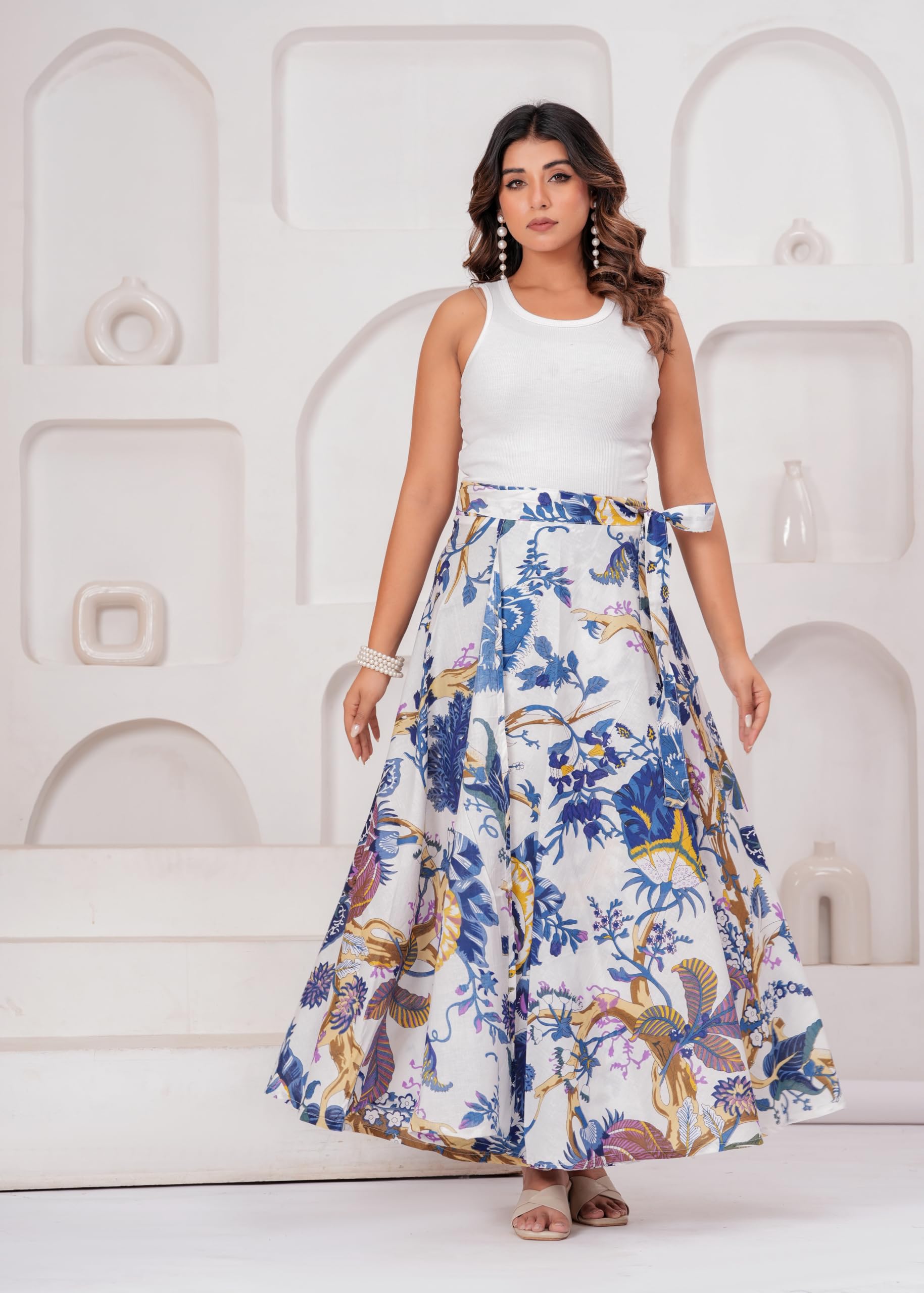 comfy cords Women’s Multicolor Printed Wrap Around Skirt | Block Print Soft Cotton| Flowy A-Line Long Skirt with Adjustable Tie-Up Waist | Casual, Beach & Vacation Wear.-picture-27