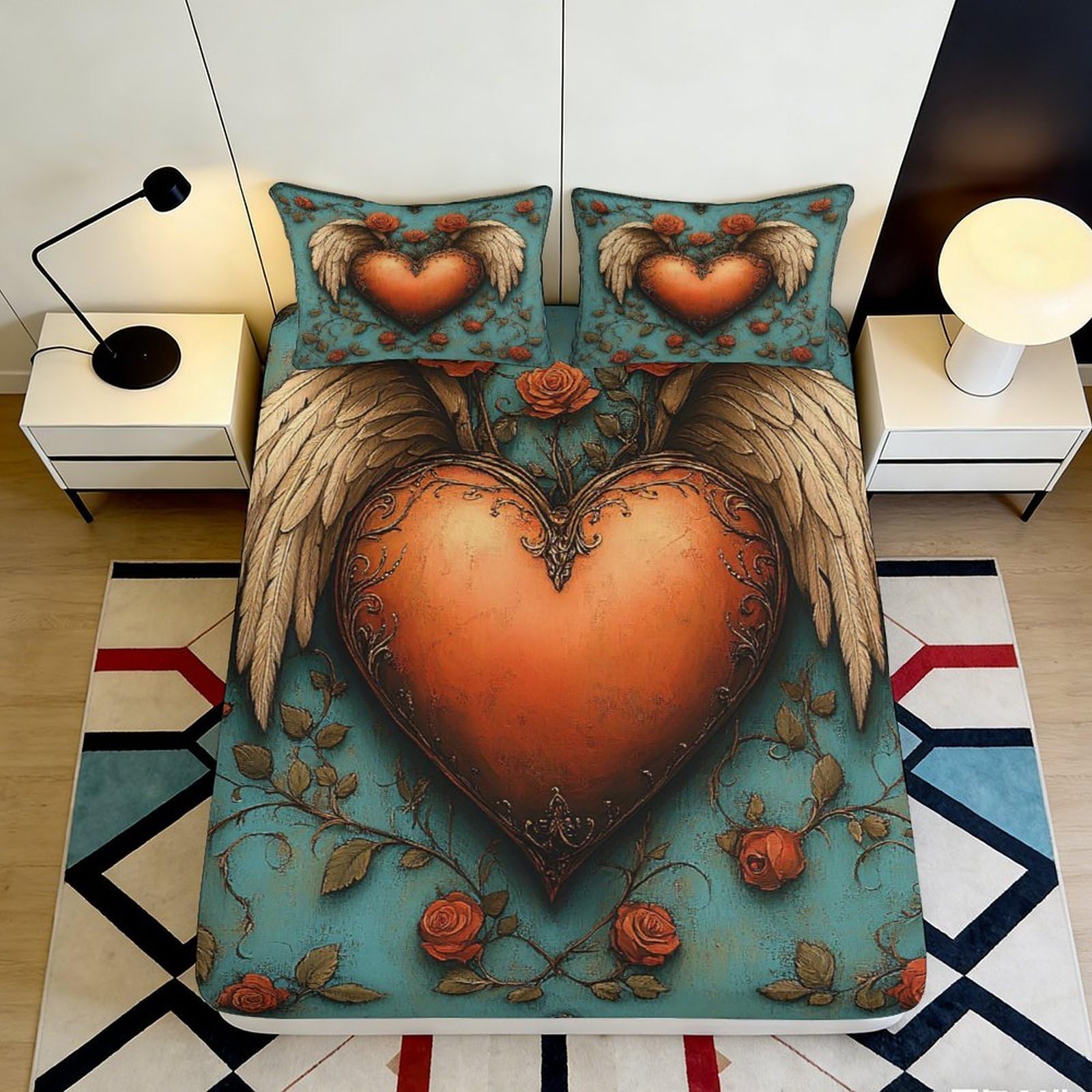 3D Printed Vintage Wing Heart Fitted Sheet Microfiber Deep Pocket Bedroom Bedding Vintage Wing Heart Mattress Fitted Cover 140x200x25cm