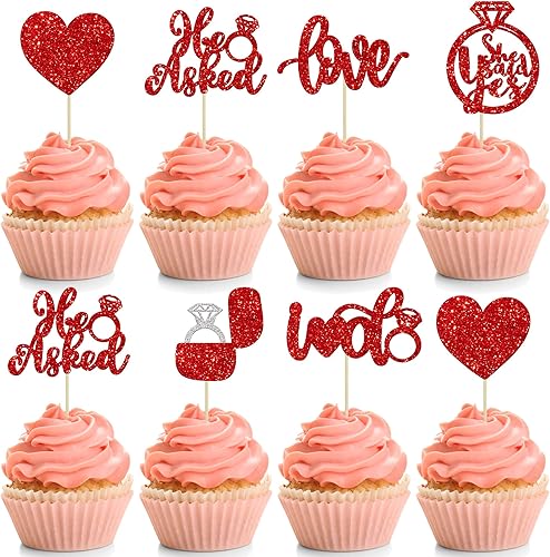 24 piezas de decoración de cupcakes con purpurina roja con corazón y texto en inglés "He Asked She Said Yes" para bodas, compromisos, despedidas de