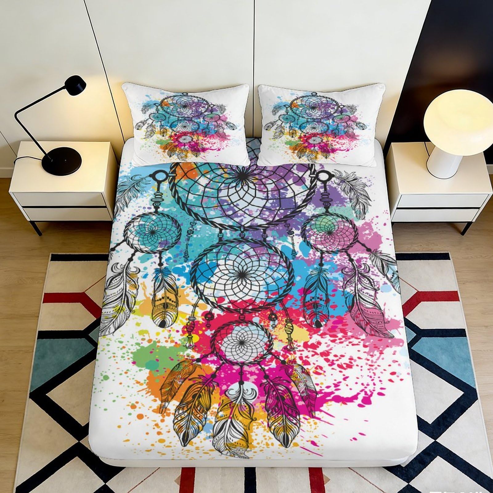 Pnayamiorkfel Style-6 3D Printed Dreamcatcher Fitted Sheet Microfiber Colour Splash Bed Cover For Bedroom Guest Room Dorm Decor 90X200x25cm