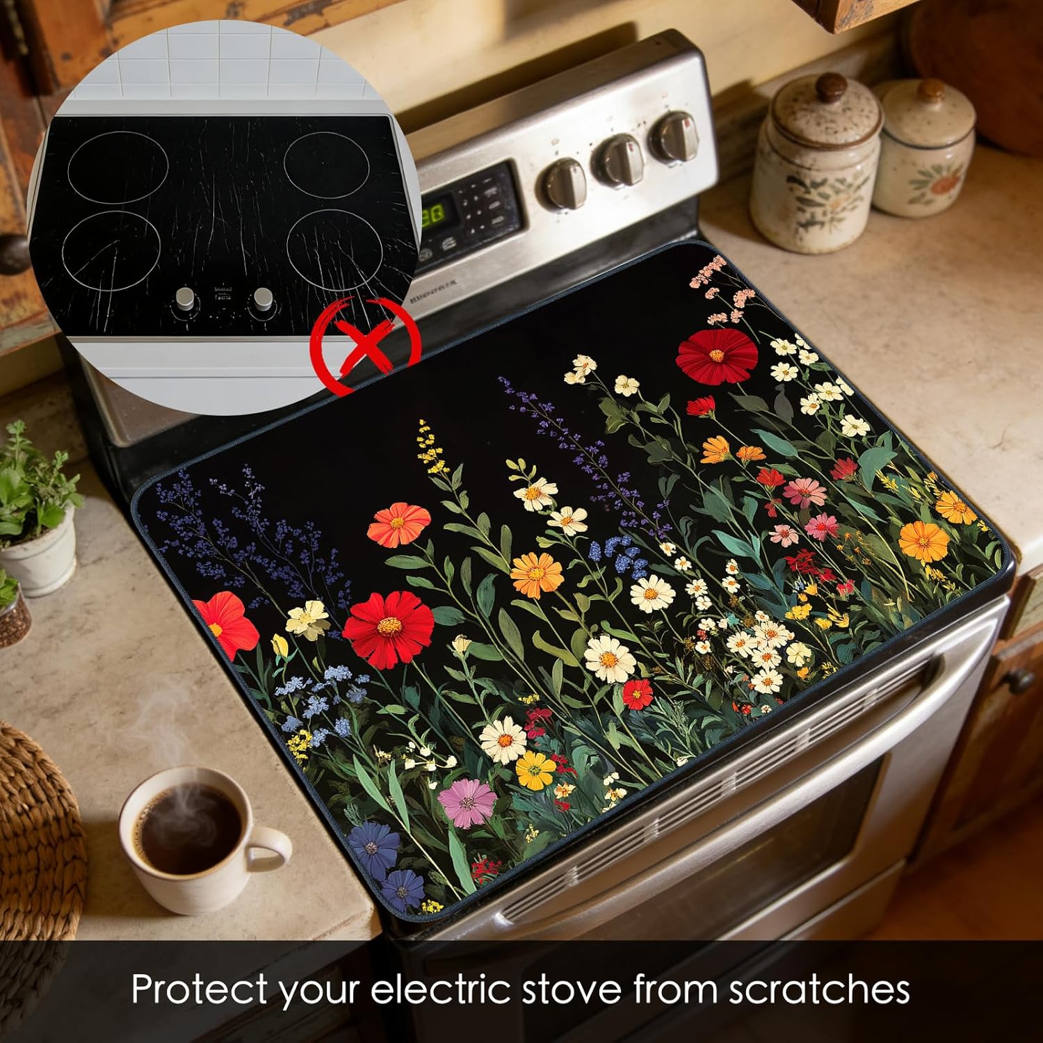 Nuxovilar Stove Top Cover Wildflowers Black Background Design Polyester & Diatom Mud Blend 20.47x28.34 Inches - Stove Cover for Nature Lover Kitchen, Floral Decor