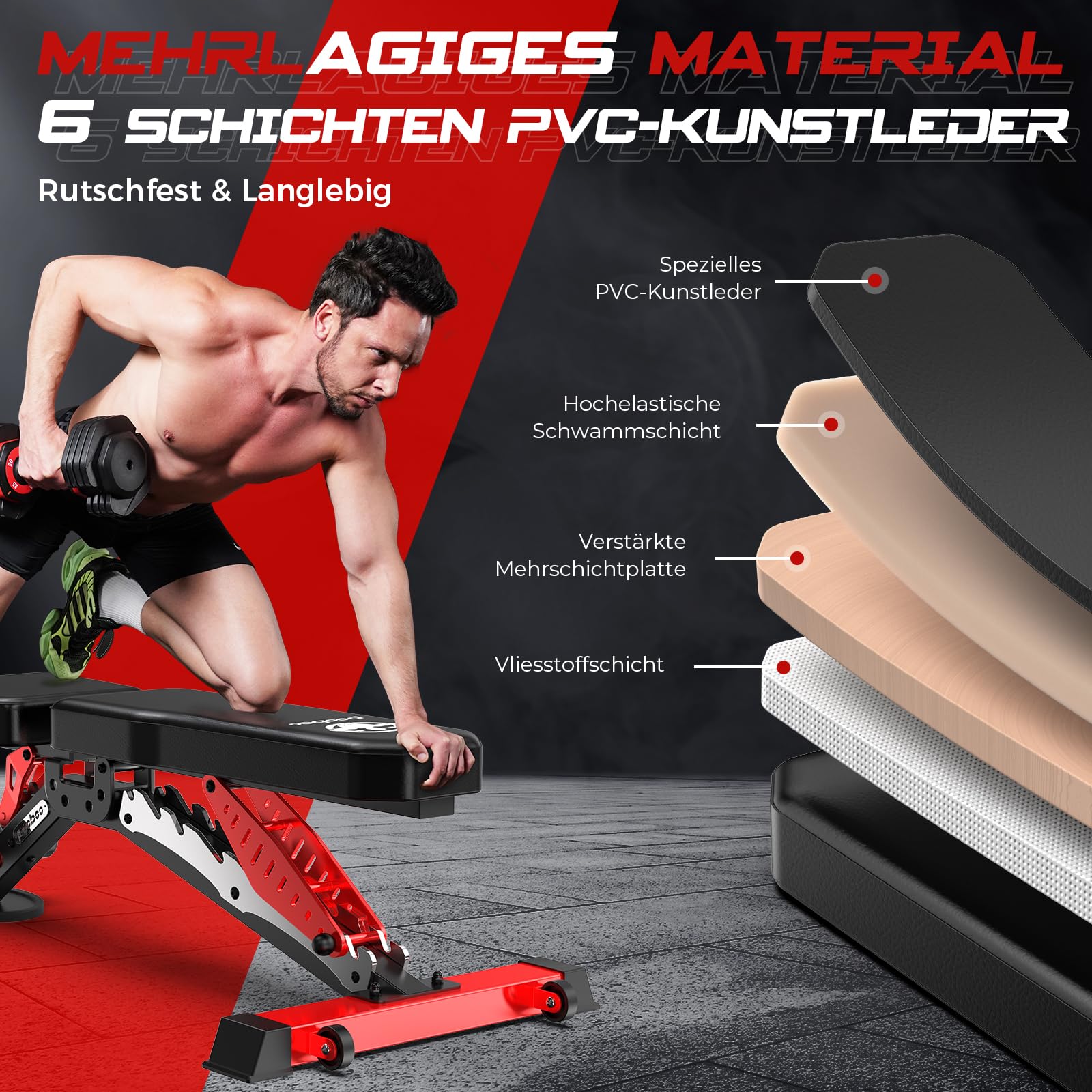 Pooboo Hantelbank, verstellbare Trainingsbank für zu Hause, 1500 lbs Tragkraft, strapazierfähige Krafttrainingsbank, flache/geneigte/abfallende Positionen für ein Ganzkörpertraining