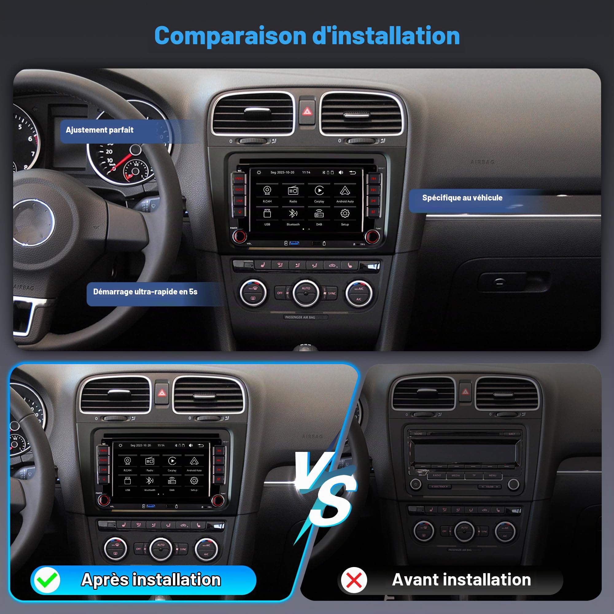 Autoradio pour VW Golf 5 6 MK5 MK6, CarPlay et Android Auto sans Fil, Dab+