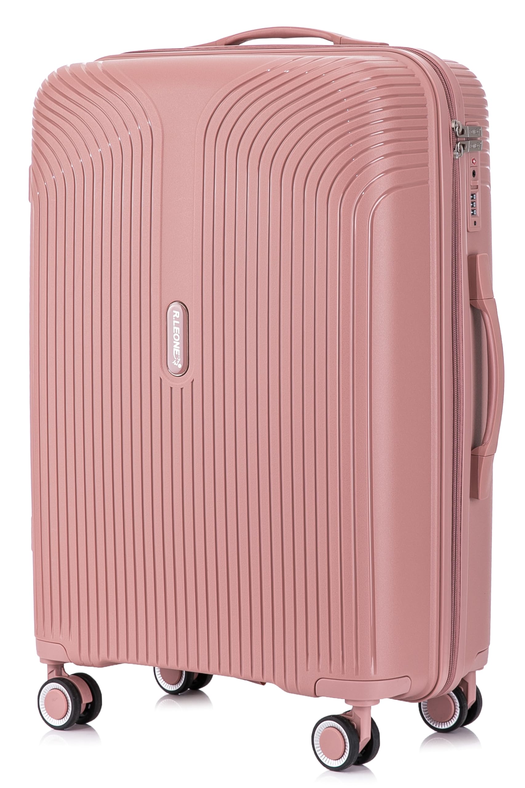 R.Leone Valigia da 1 pezzo Fino a Set 4 Trolley grande, medio, bagaglio a mano 55x40x20 Ryanair e beauty case Lucchetto TSA Polipropilene 8 Ruote Ultra Strong 6060 (Rose Gold, XS Beauty case)