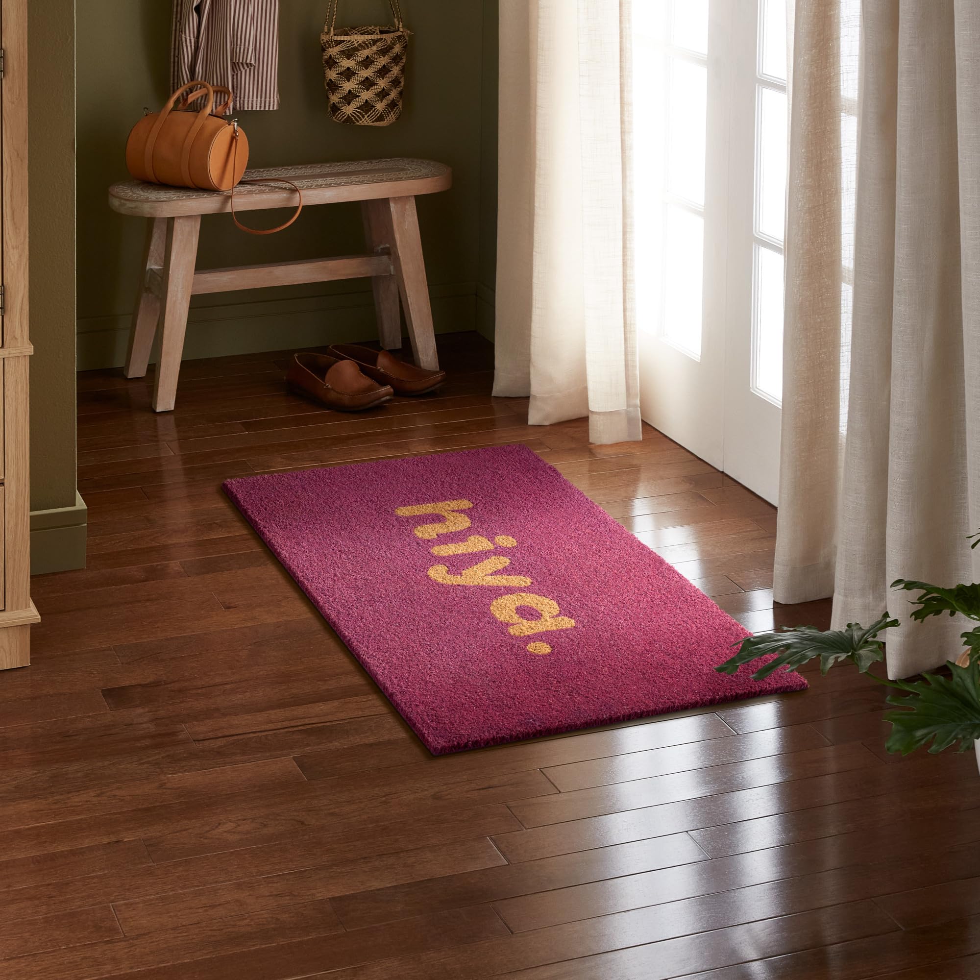 TOWN & COUNTRY TERRA Hiya Painted Welcome Door Mat, Natural Coir, Heavyweight, Non-Slip Entryway Mat, Purple, 18